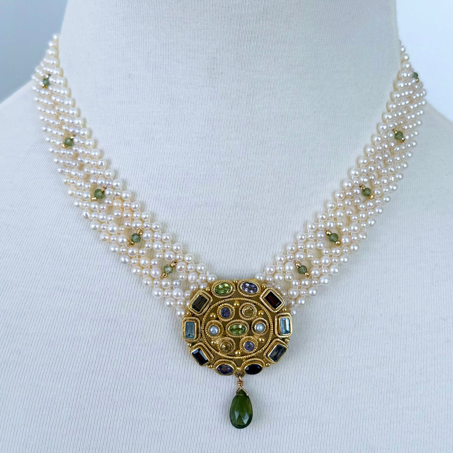 One Of A Kind Pearl Woven Necklace with Multi Stone Centerpiece