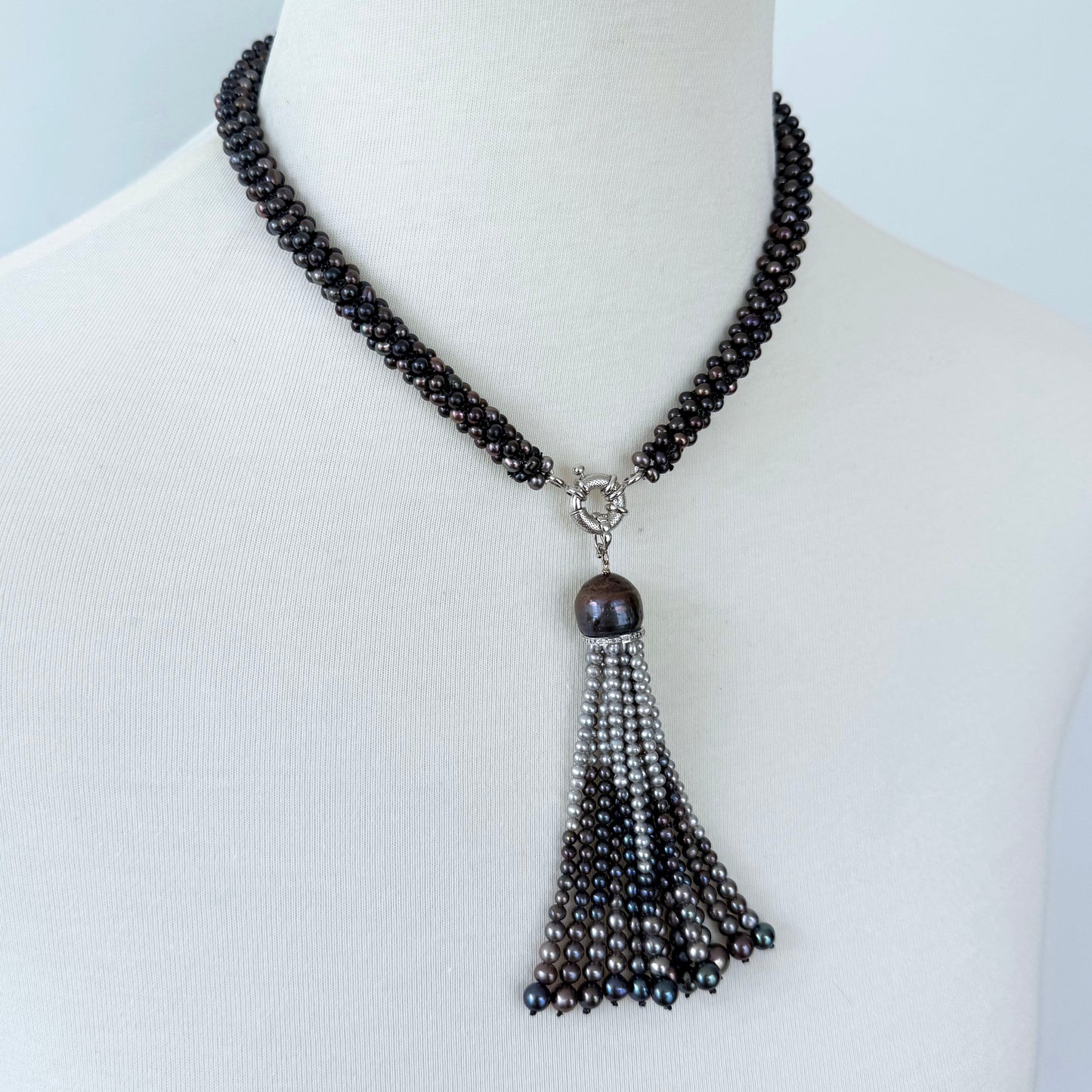 Black Pearl Rope Necklace with Removable Graduated Tassel