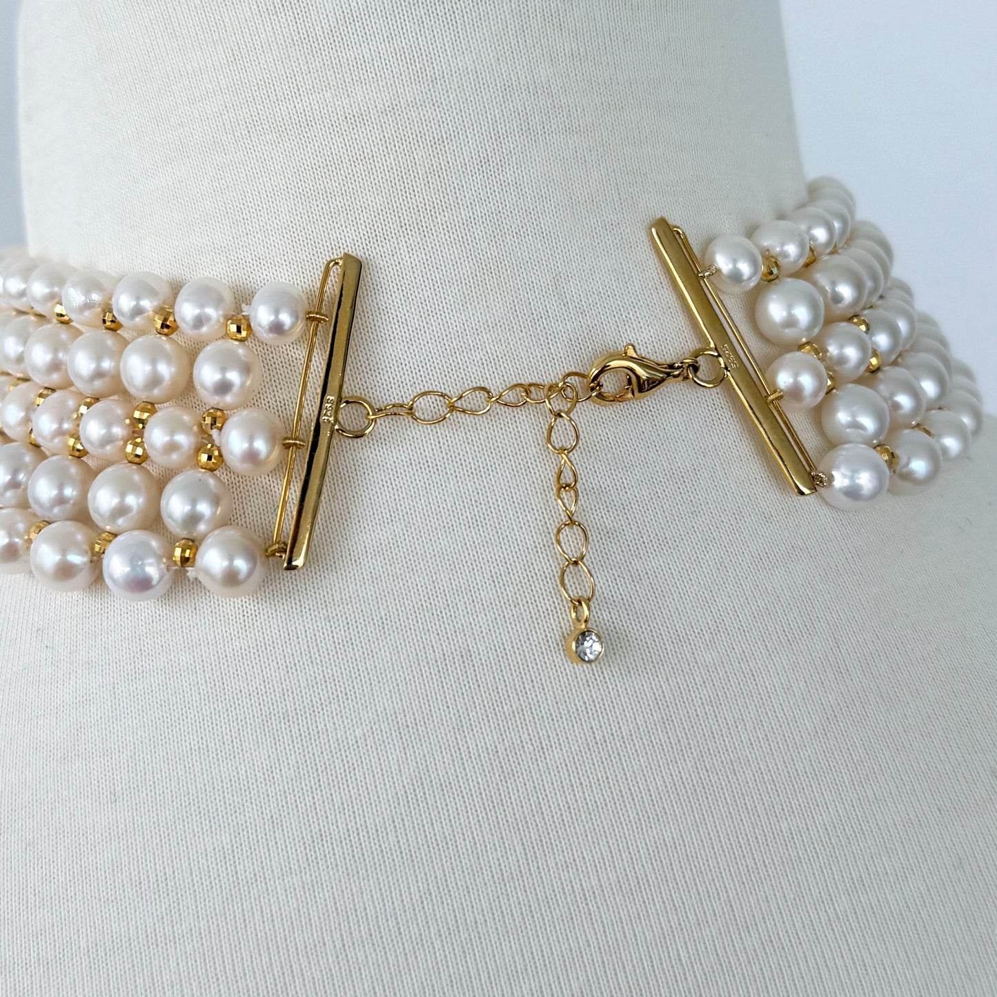4 Tier Draped Pearl Choker with 18k Plated Yellow Gold