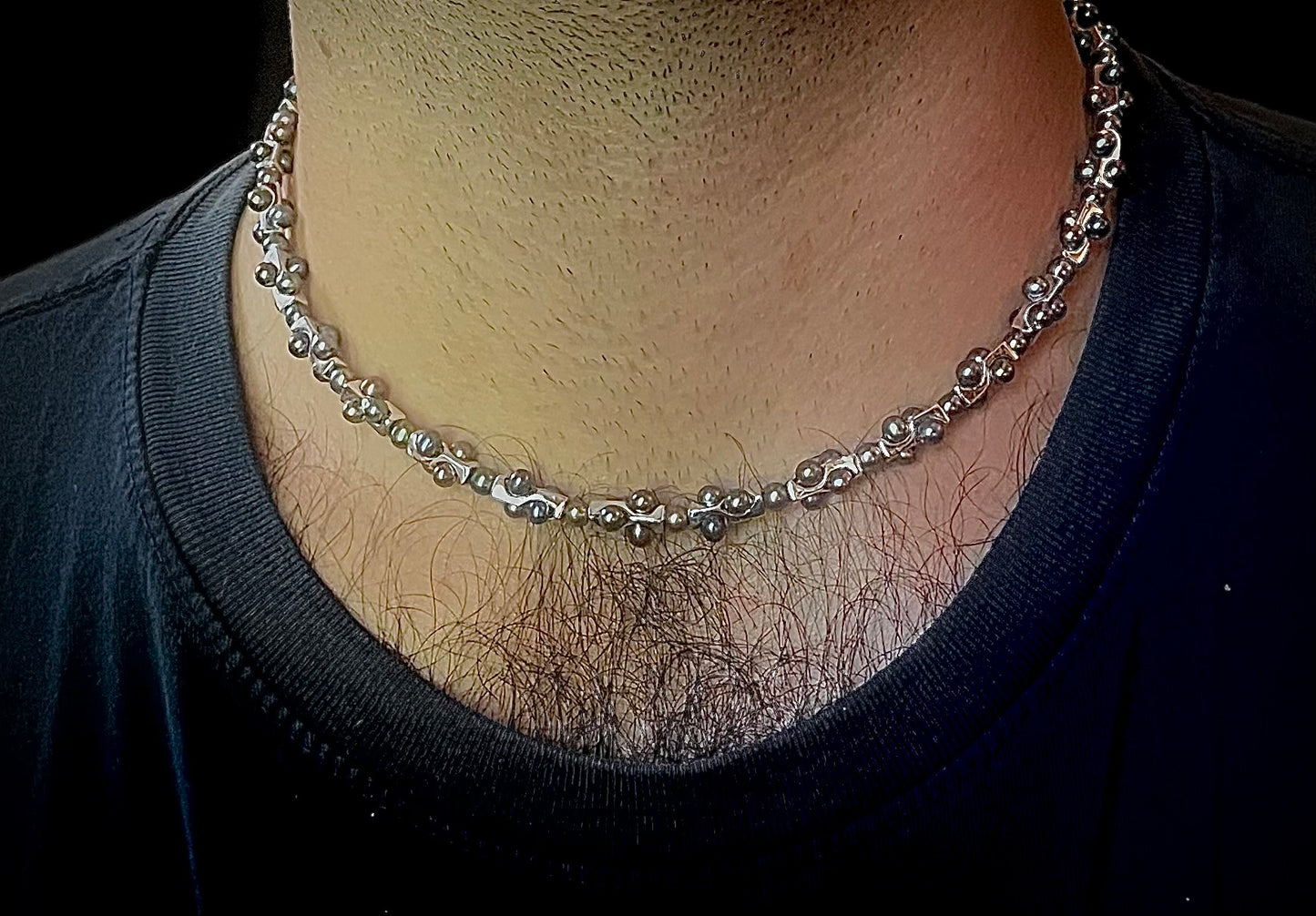 Men's Silver Rhodium Plated Geometric Black Pearl Necklace with Adjustable Clasp