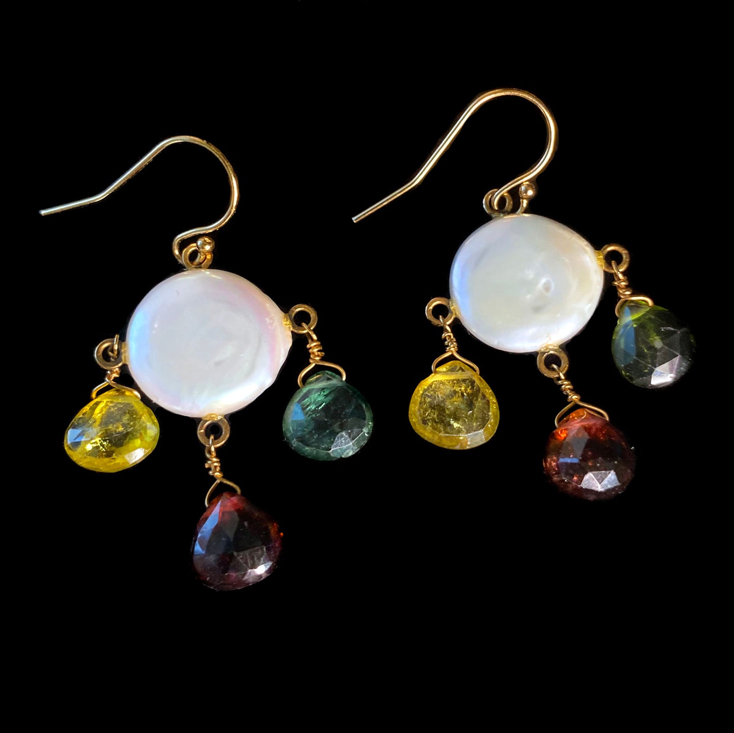 Multicolor Tourmaline, Pearls and 14 k Yellow Gold Earrings