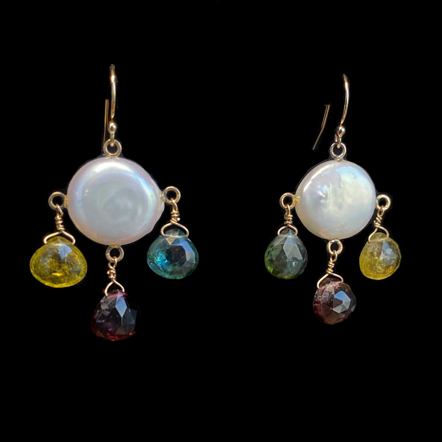 Multicolor Tourmaline, Pearls and 14 k Yellow Gold Earrings