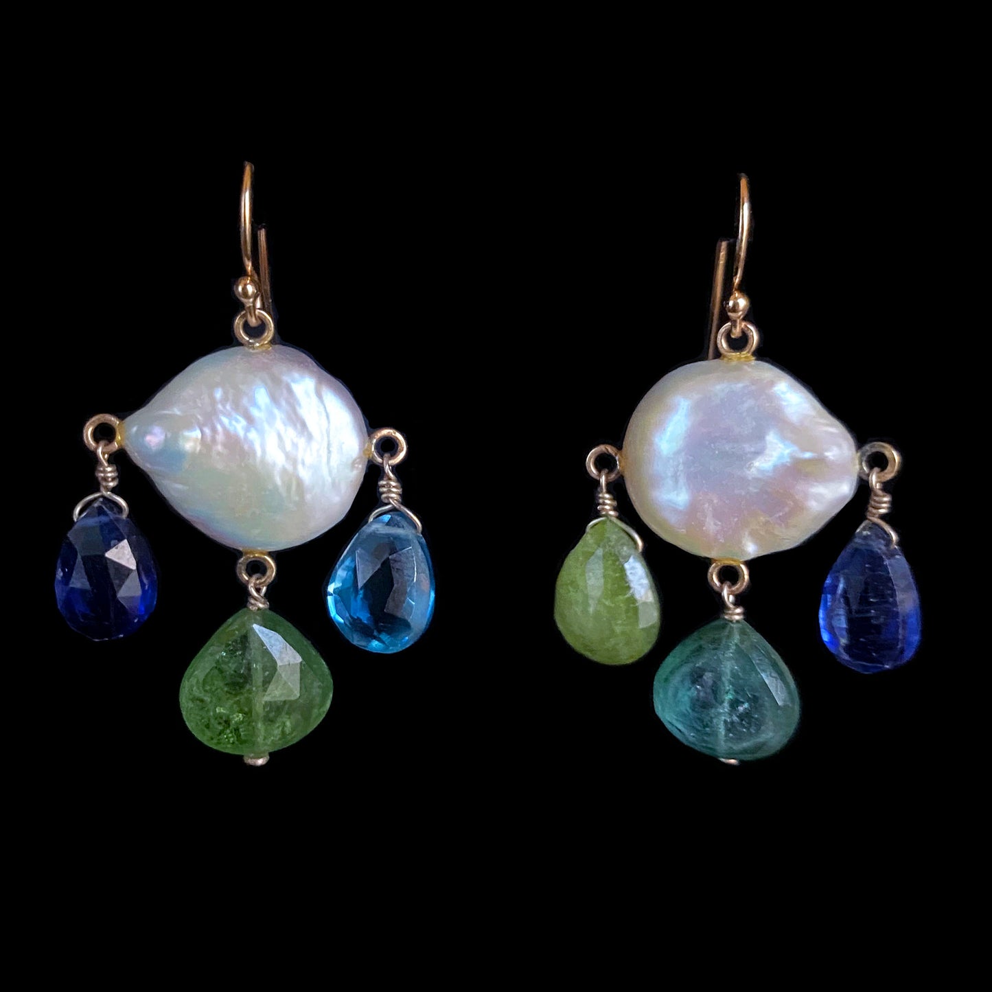 Pearl, Kyanite, Iolite, Tourmaline, Topaz & 14k Yellow Gold Earrings
