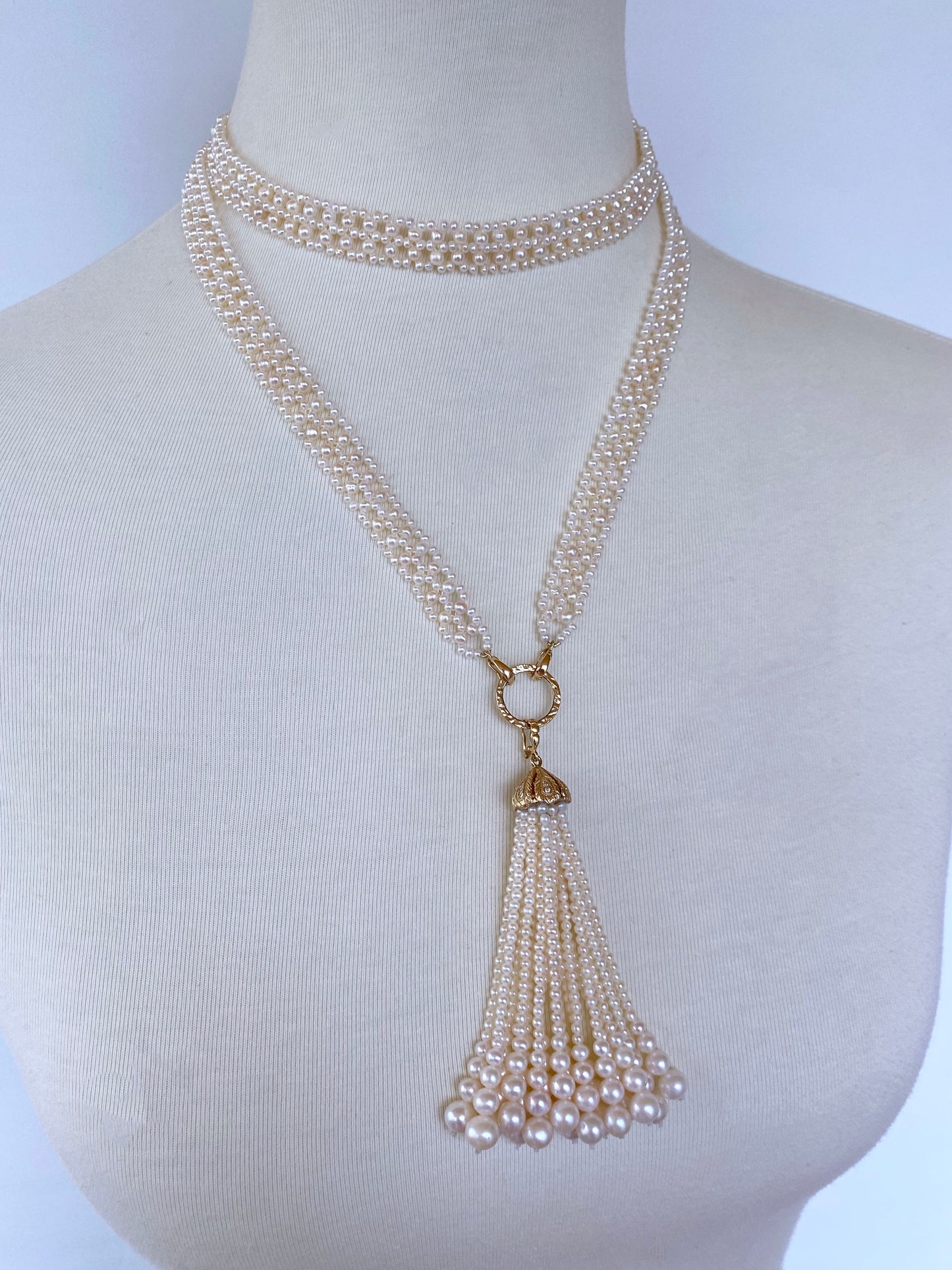 Lace Woven Pearl Sautoir with Diamond & Solid 14k Yellow Gold Tassel