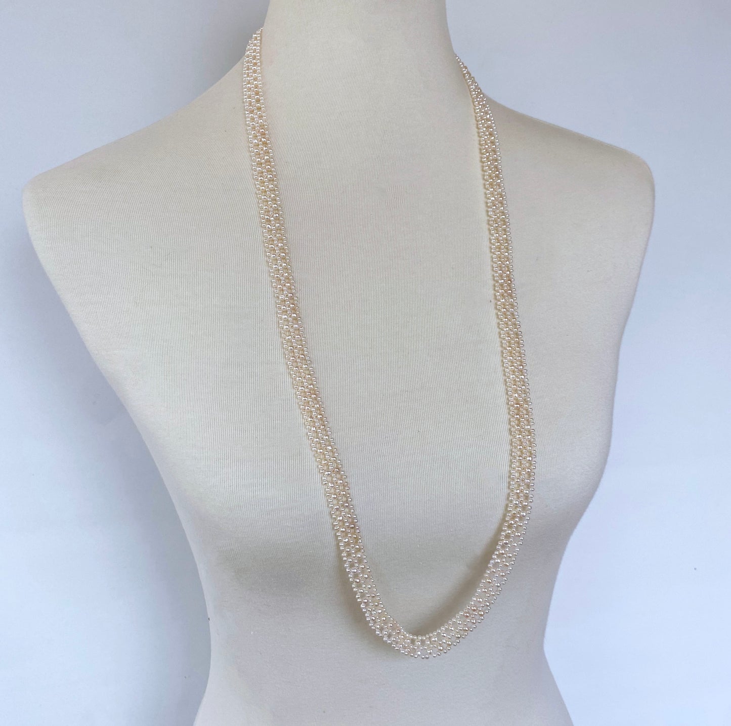 Lace Woven Pearl Sautoir with Diamond & Solid 14k Yellow Gold Tassel