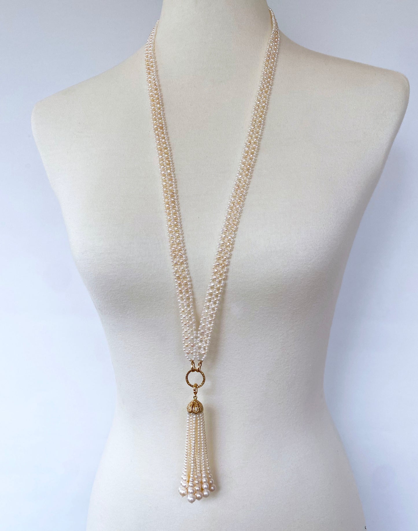 Lace Woven Pearl Sautoir with Diamond & Solid 14k Yellow Gold Tassel