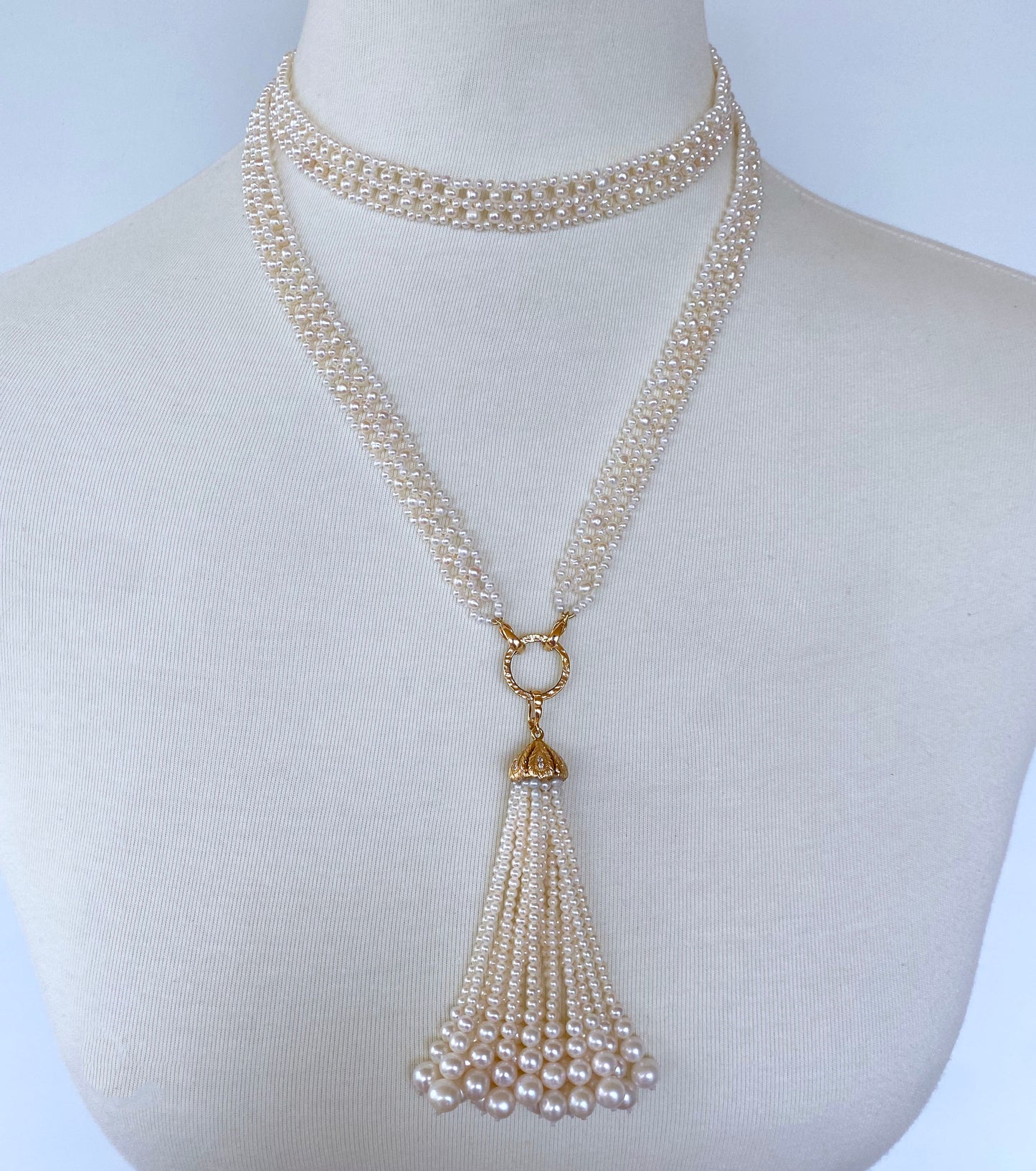 Lace Woven Pearl Sautoir with Diamond & Solid 14k Yellow Gold Tassel