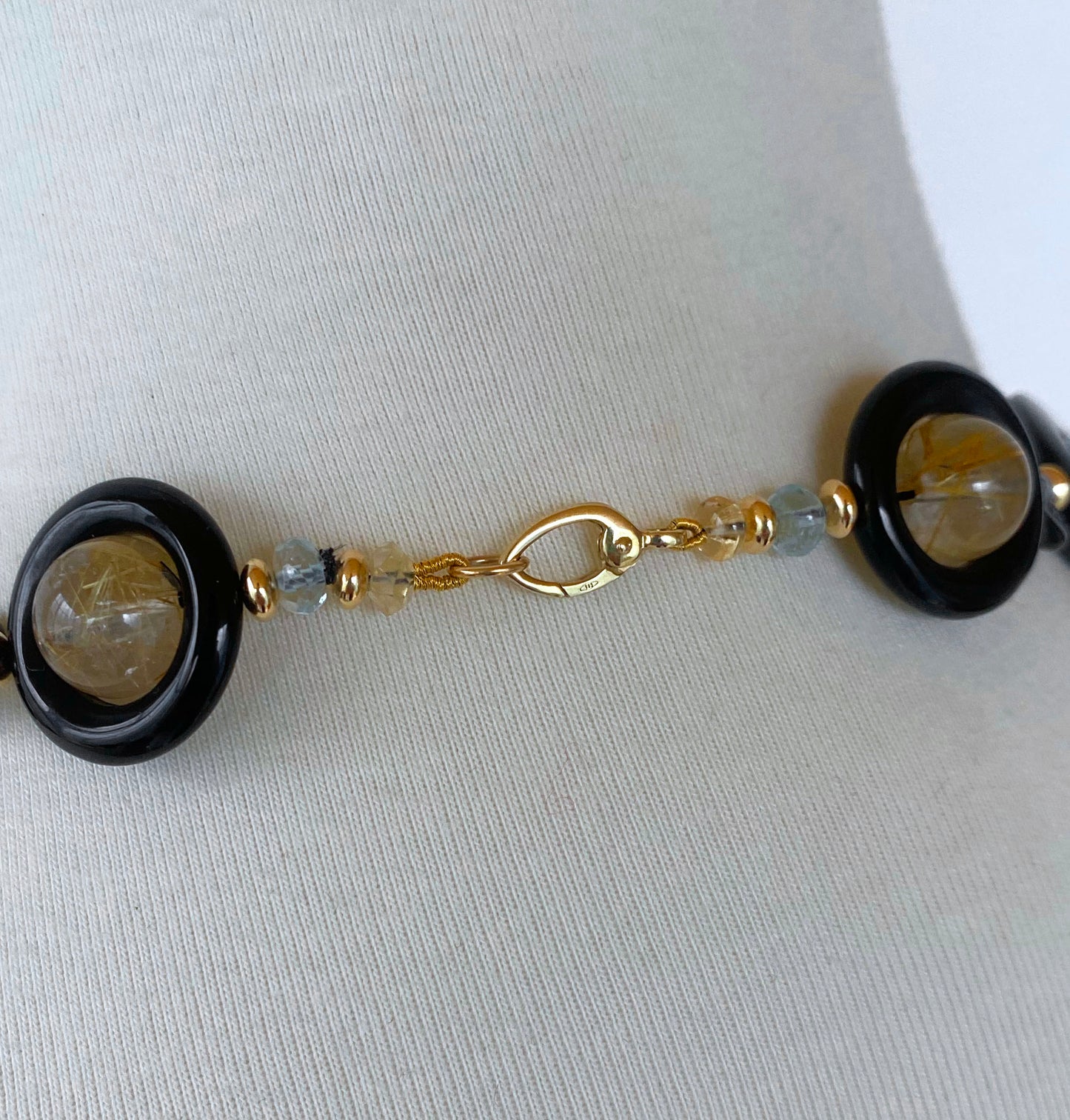 Black Onyx, Fire Opal, Rutilated Quartz & Solid 14k Yellow Gold Necklace with Tassel