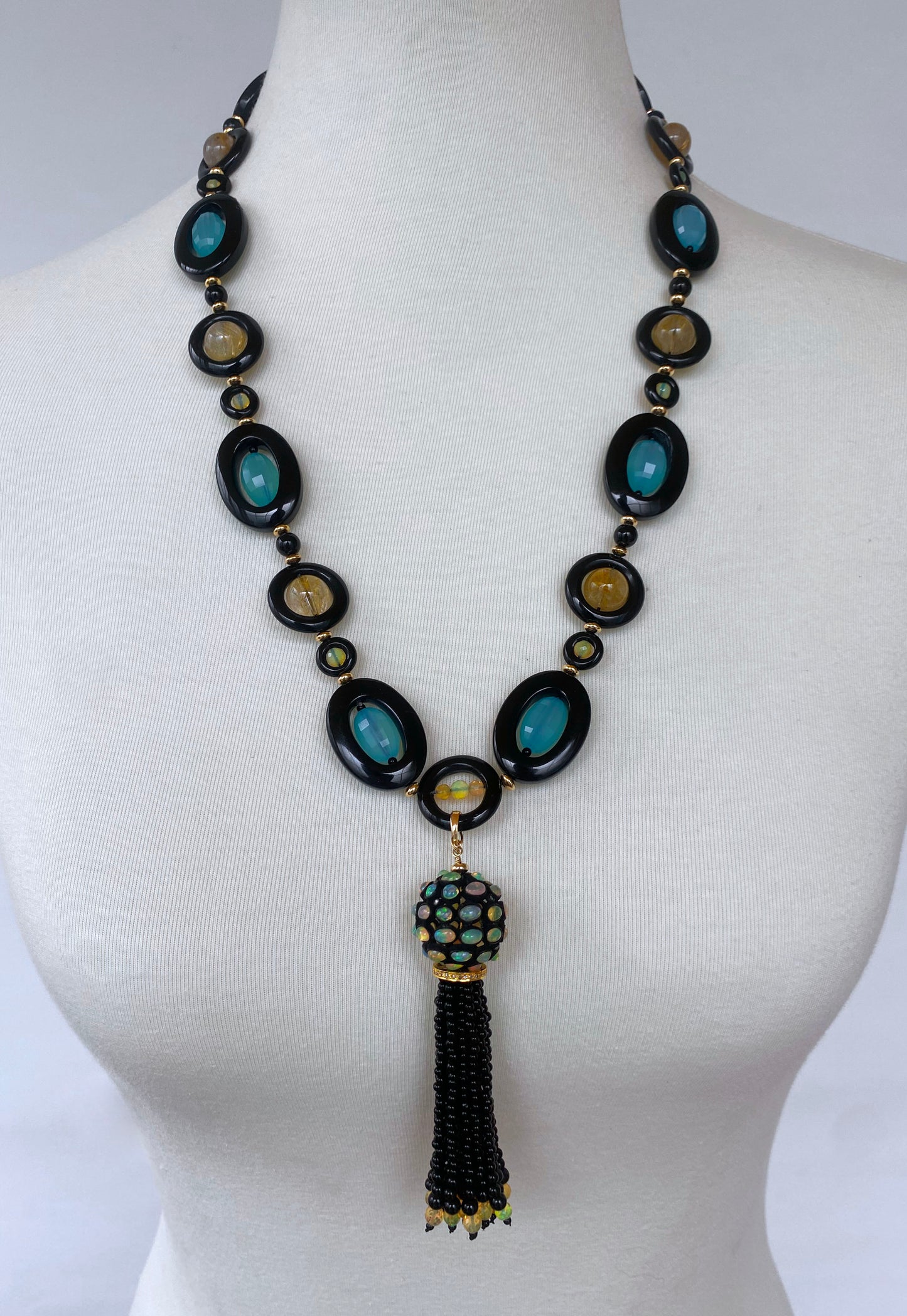 Black Onyx, Fire Opal, Rutilated Quartz & Solid 14k Yellow Gold Necklace with Tassel