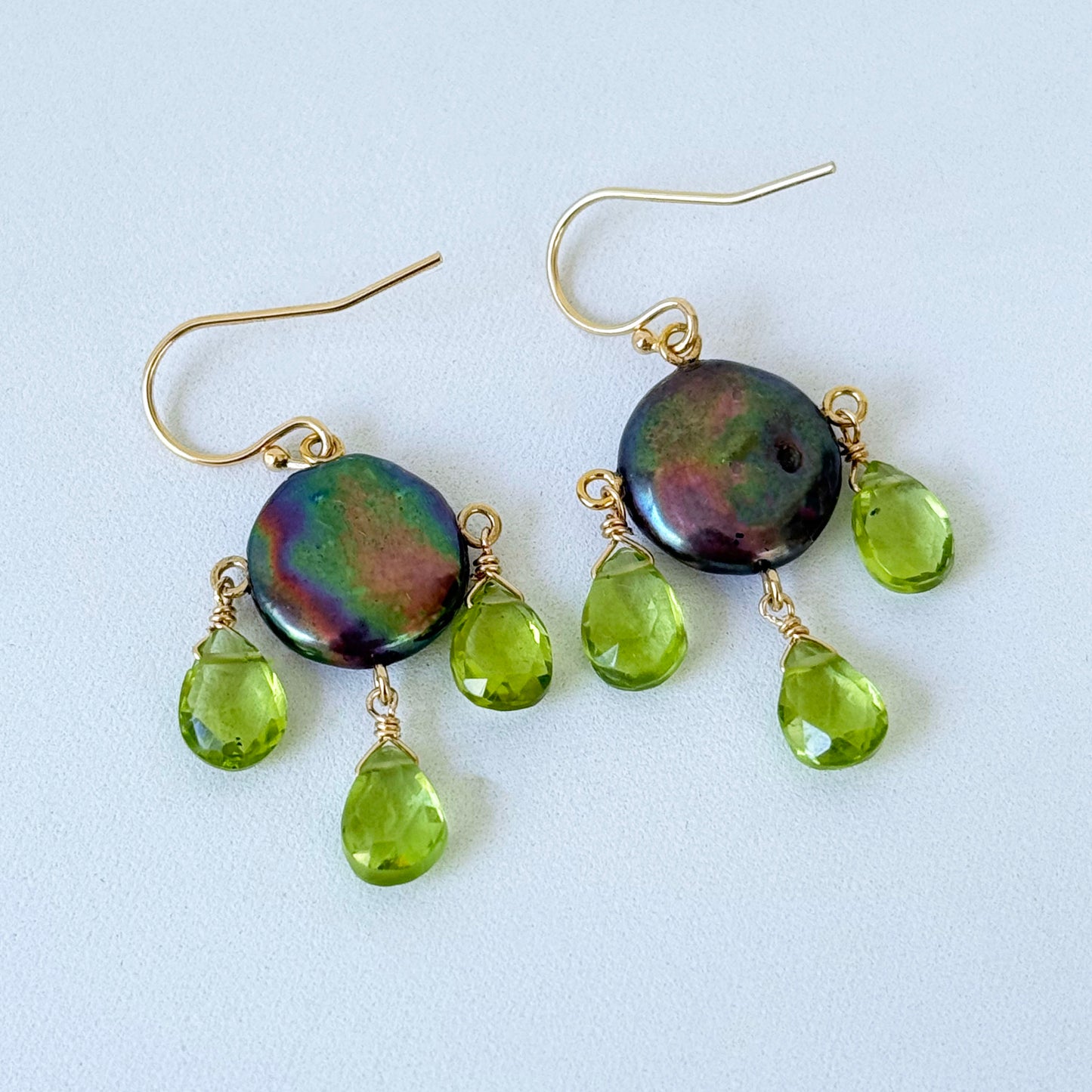 Black Pearl & Peridot Chandelier Earrings with Solid 14k Yellow Gold