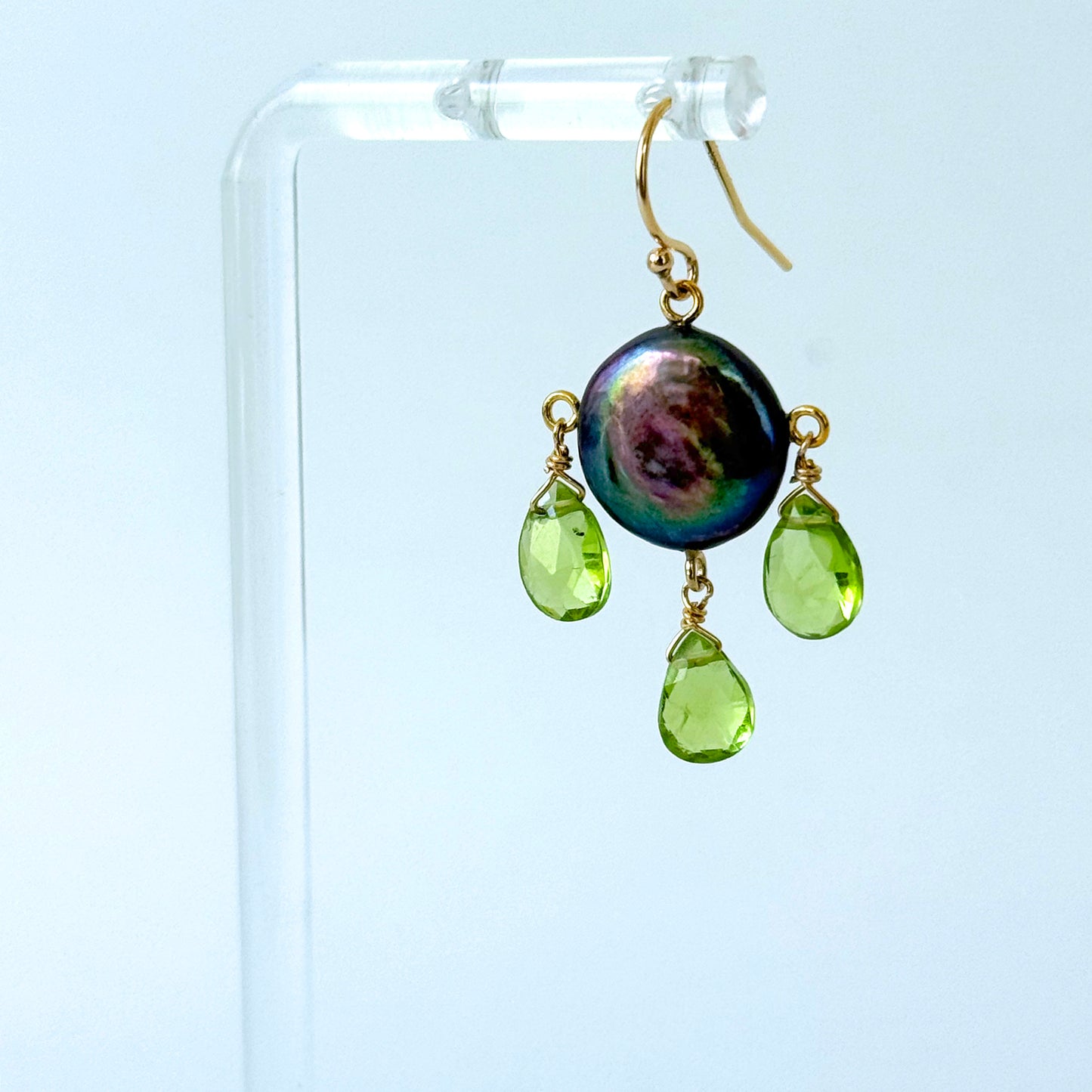 Black Pearl & Peridot Chandelier Earrings with Solid 14k Yellow Gold