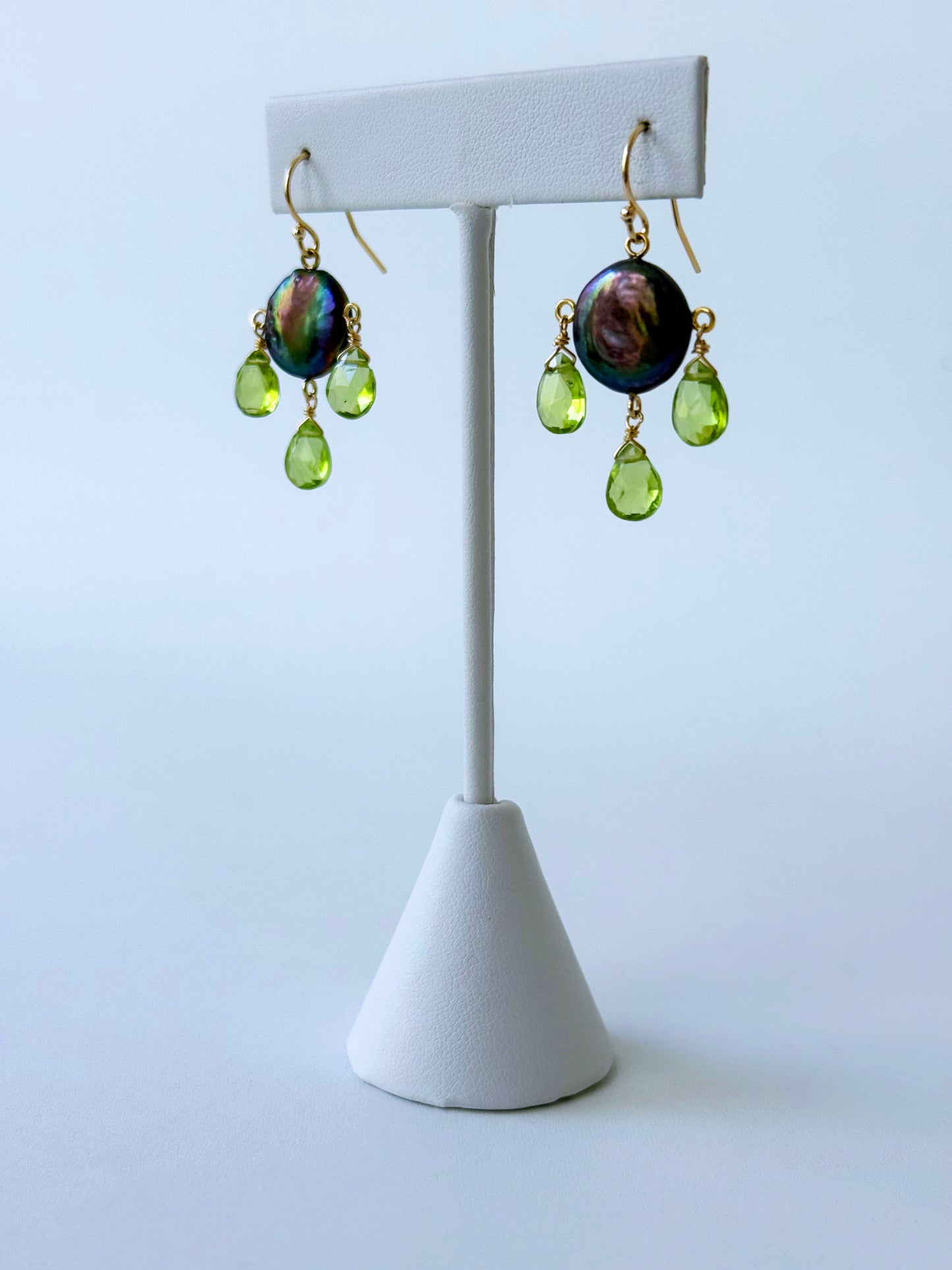 Black Pearl & Peridot Chandelier Earrings with Solid 14k Yellow Gold