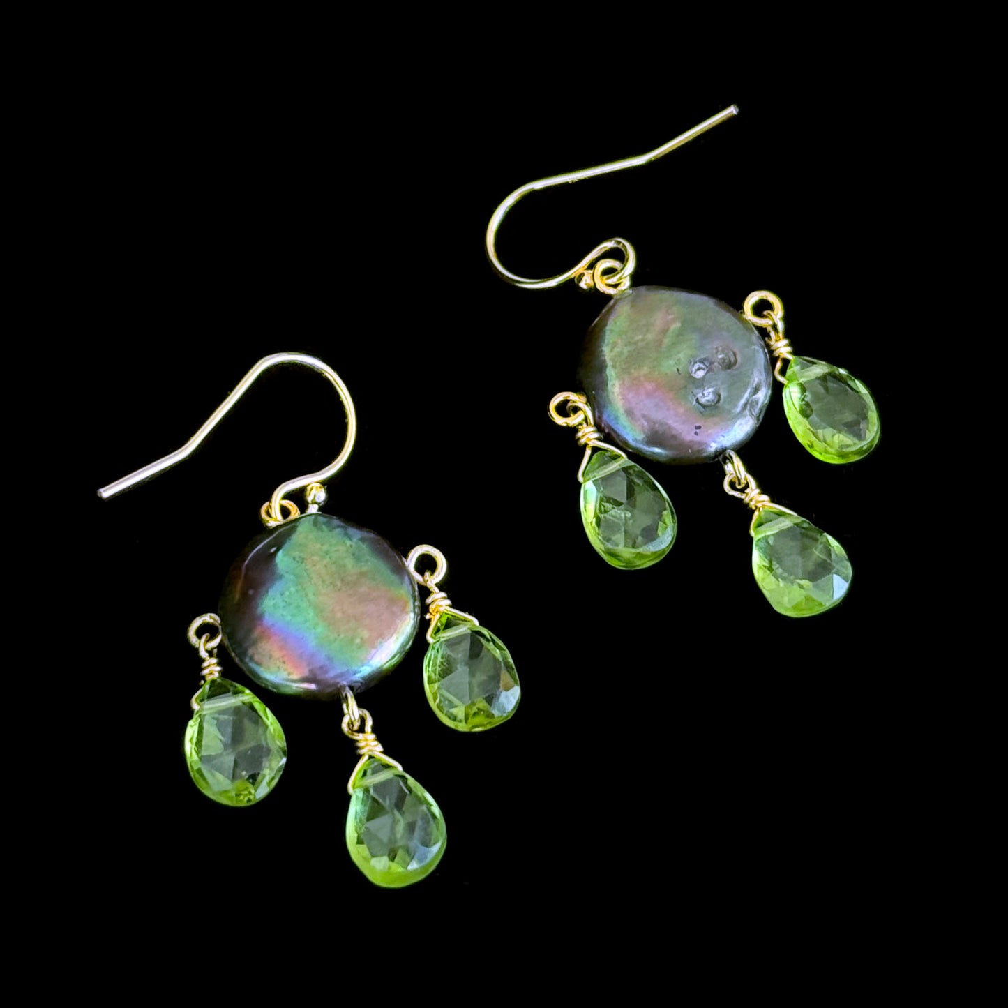 Black Pearl & Peridot Chandelier Earrings with Solid 14k Yellow Gold