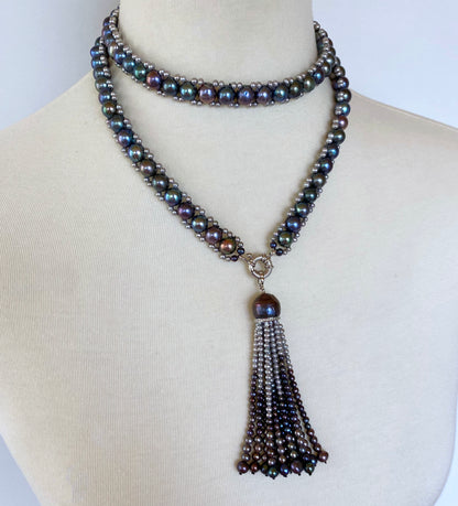 Black & Grey Pearl Sautoir with Solid 14k Removable Tassel