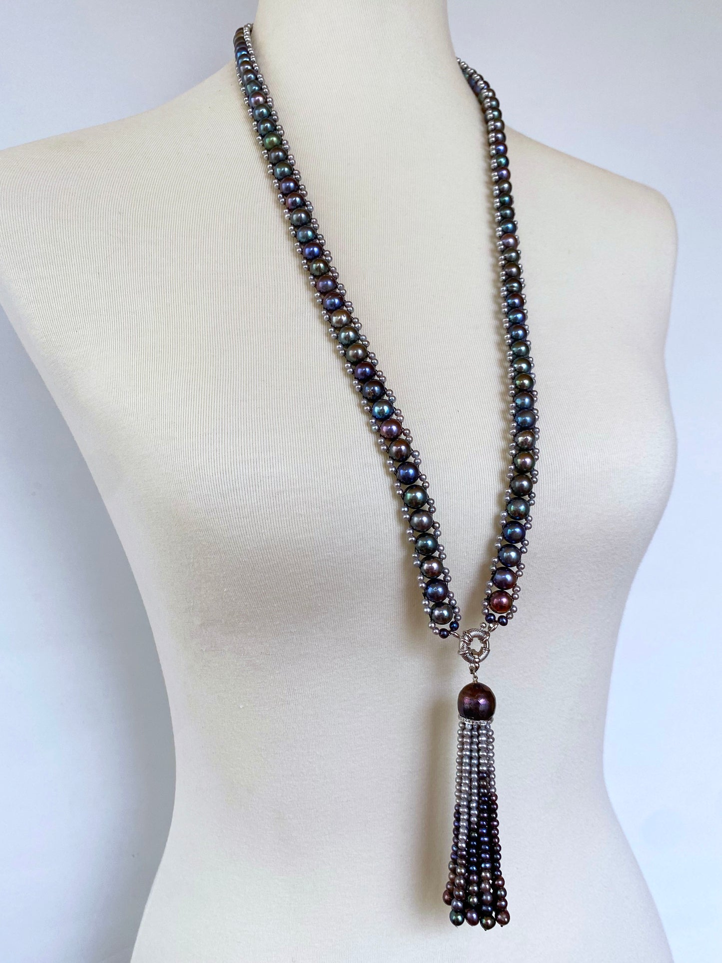 Black & Grey Pearl Sautoir with Solid 14k Removable Tassel