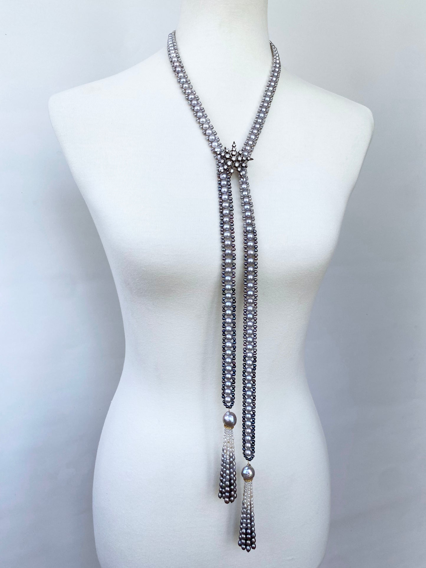 Black, White & Grey Ombre Pearl Sautoir with Diamond Encrusted Tassels