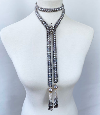 Black, White & Grey Ombre Pearl Sautoir with Diamond Encrusted Tassels