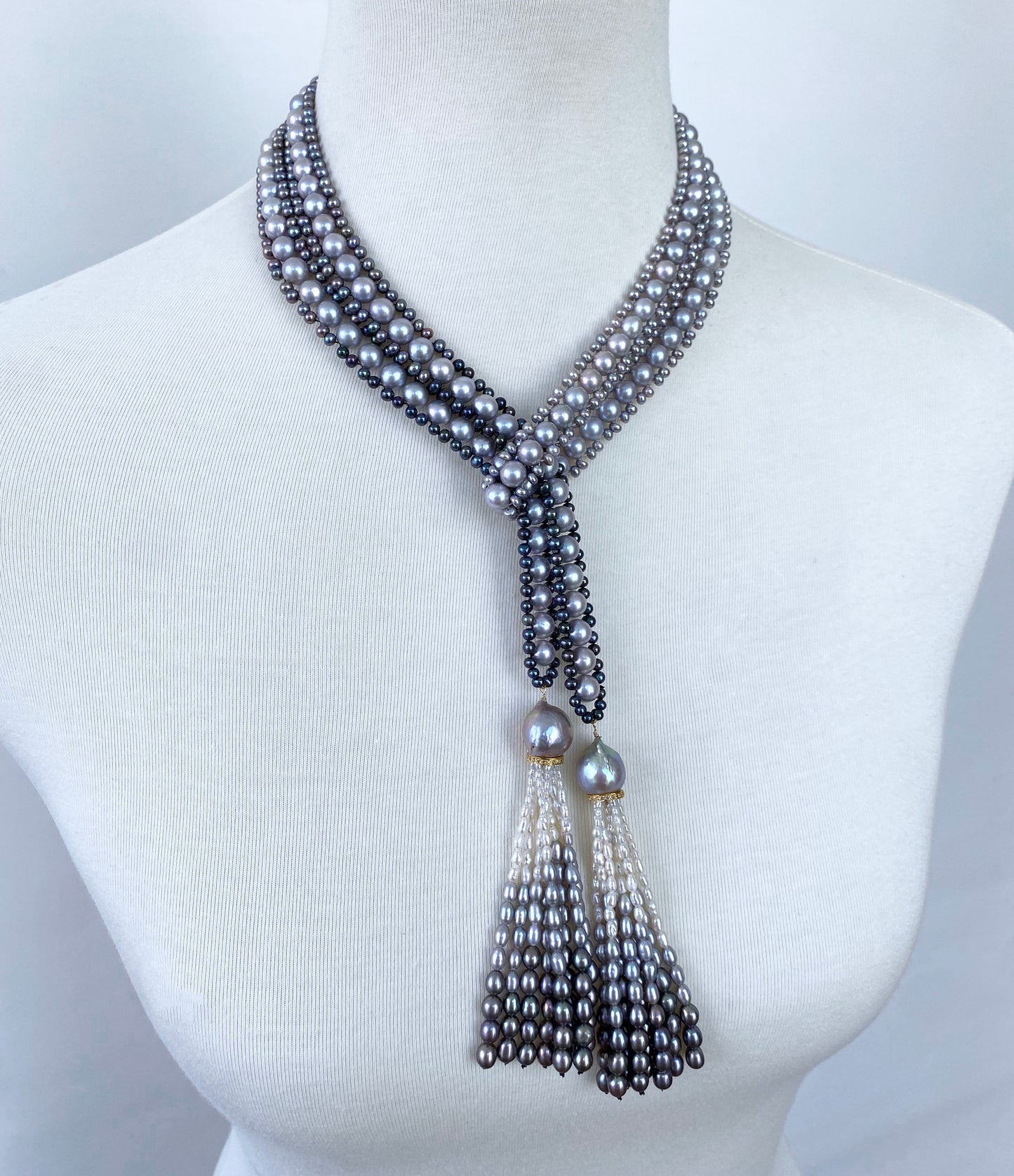 Black, White & Grey Ombre Pearl Sautoir with Diamond Encrusted Tassels