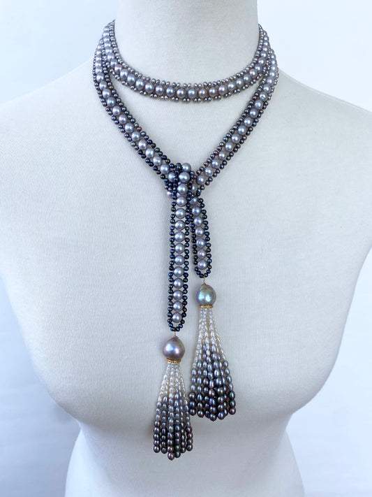 Black, White & Grey Ombre Pearl Sautoir with Diamond Encrusted Tassels