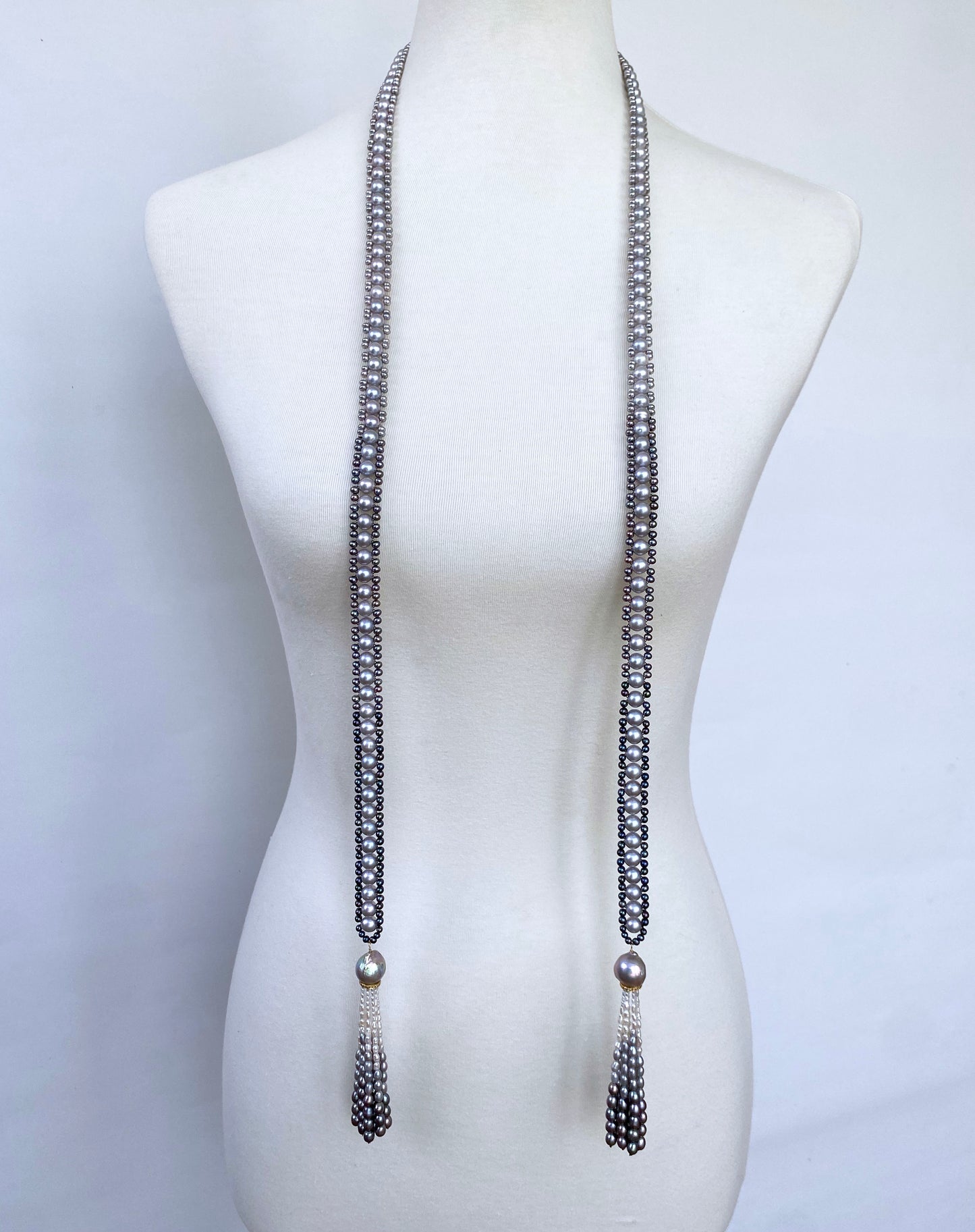 Black, White & Grey Ombre Pearl Sautoir with Diamond Encrusted Tassels