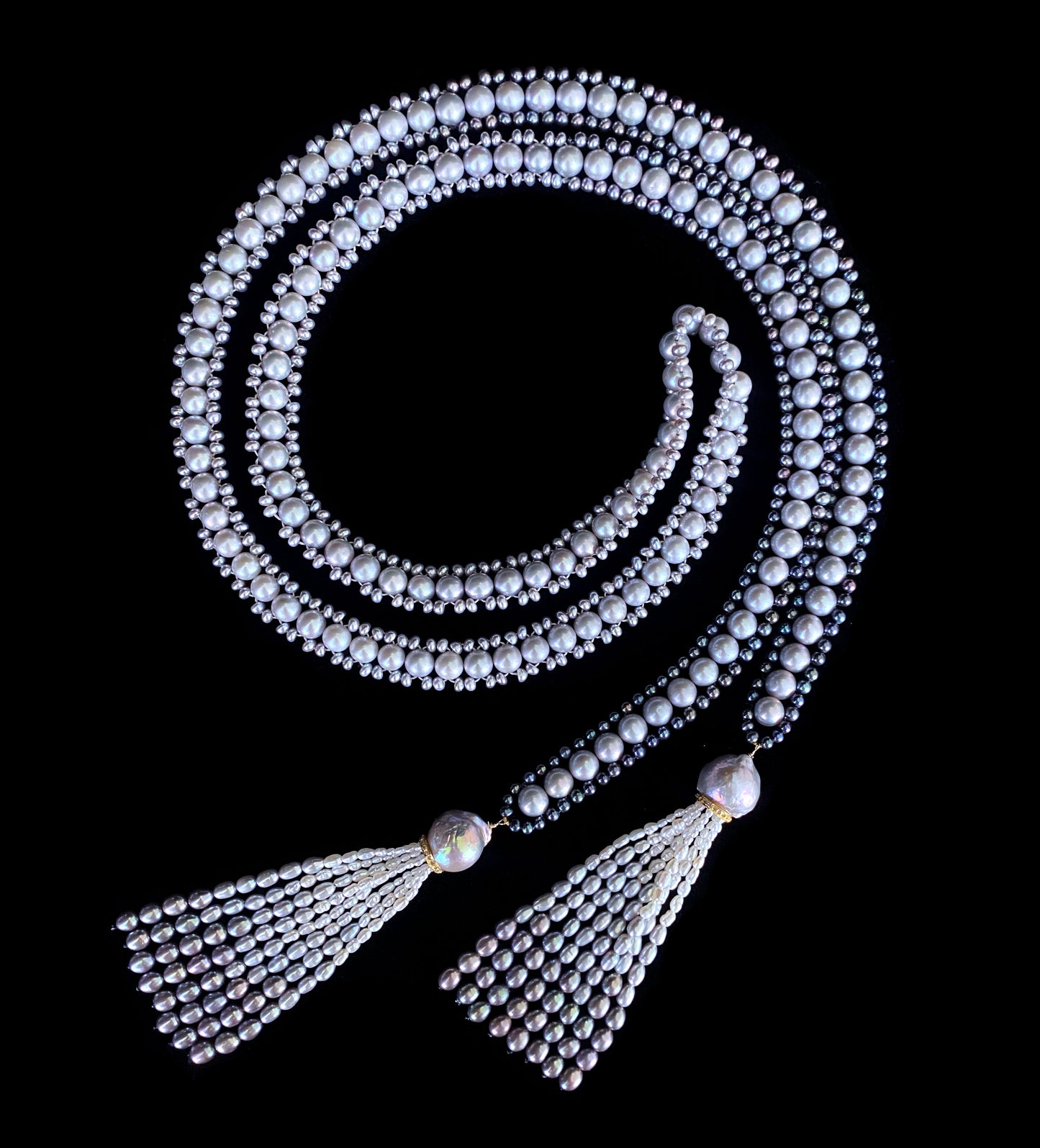 Black, White & Grey Ombre Pearl Sautoir with Diamond Encrusted Tassels