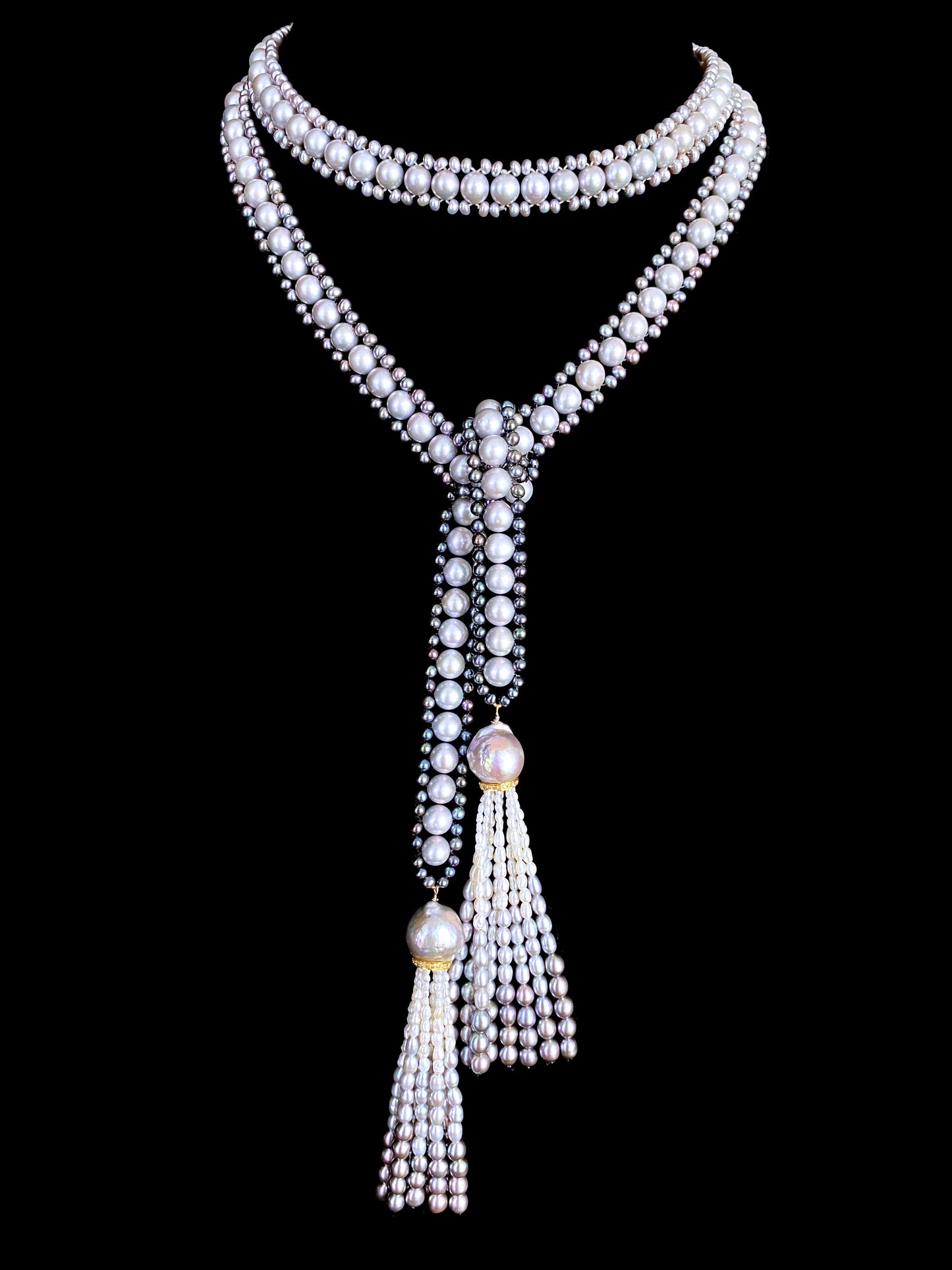 Black, White & Grey Ombre Pearl Sautoir with Diamond Encrusted Tassels