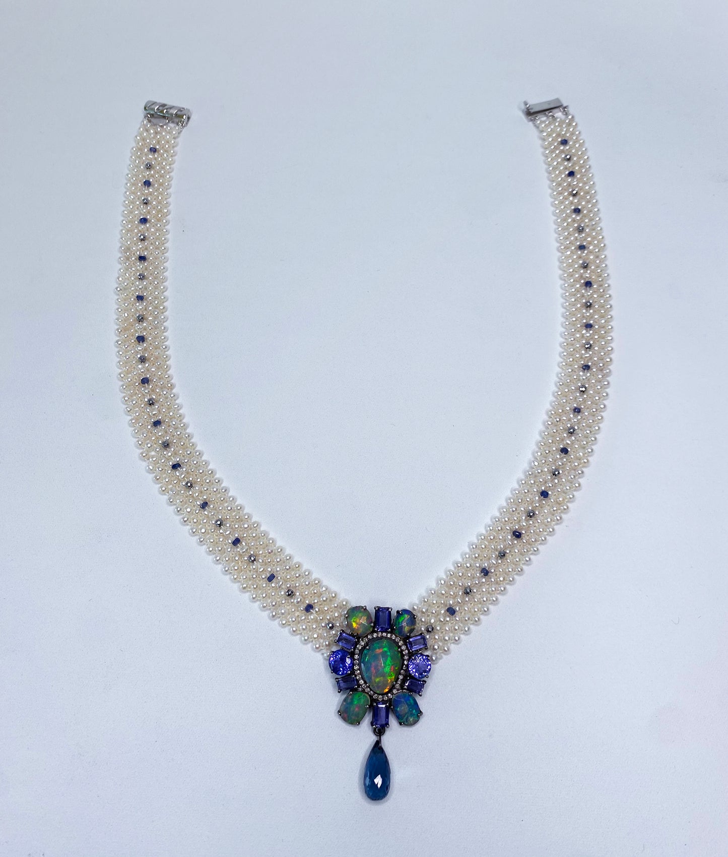 Pearl Lace Necklace with Fire Opal, Tanzanite & Diamond Centerpiece