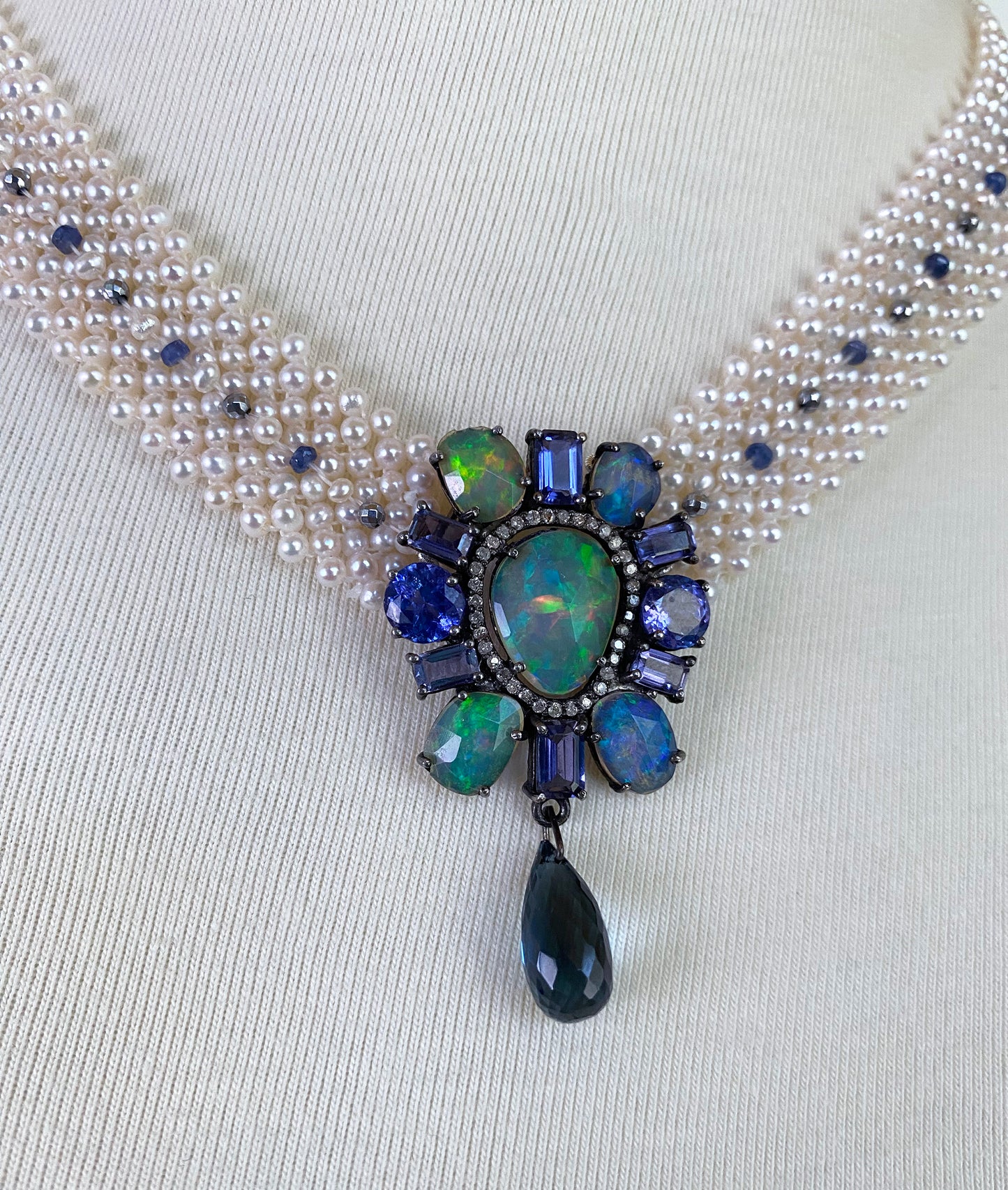 Pearl Lace Necklace with Fire Opal, Tanzanite & Diamond Centerpiece