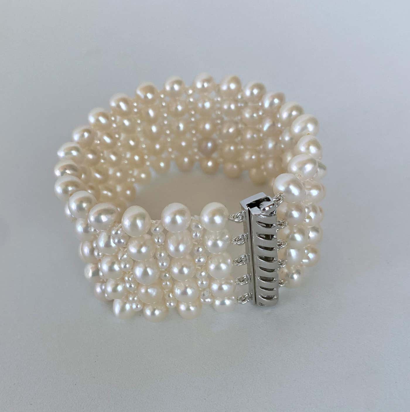 Woven Pearl Wedding Bracelet with Rhodium Plated Silver Clasp