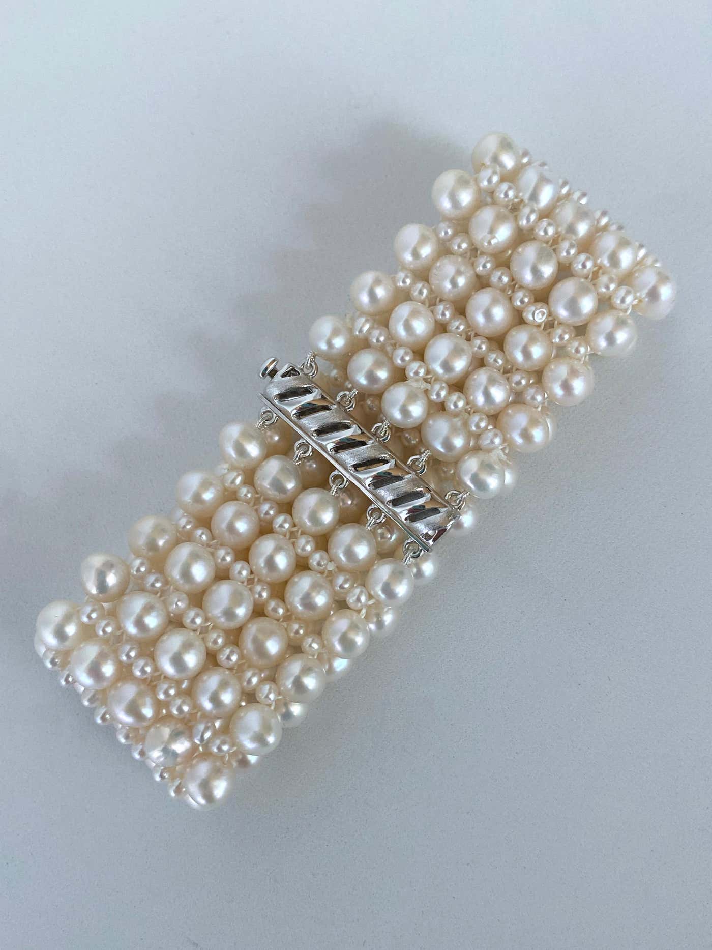 Woven Pearl Wedding Bracelet with Rhodium Plated Silver Clasp