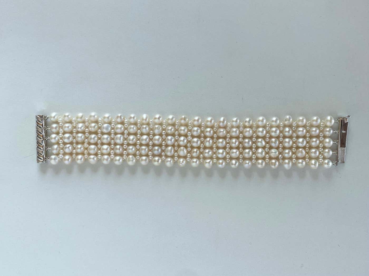 Woven Pearl Wedding Bracelet with Rhodium Plated Silver Clasp