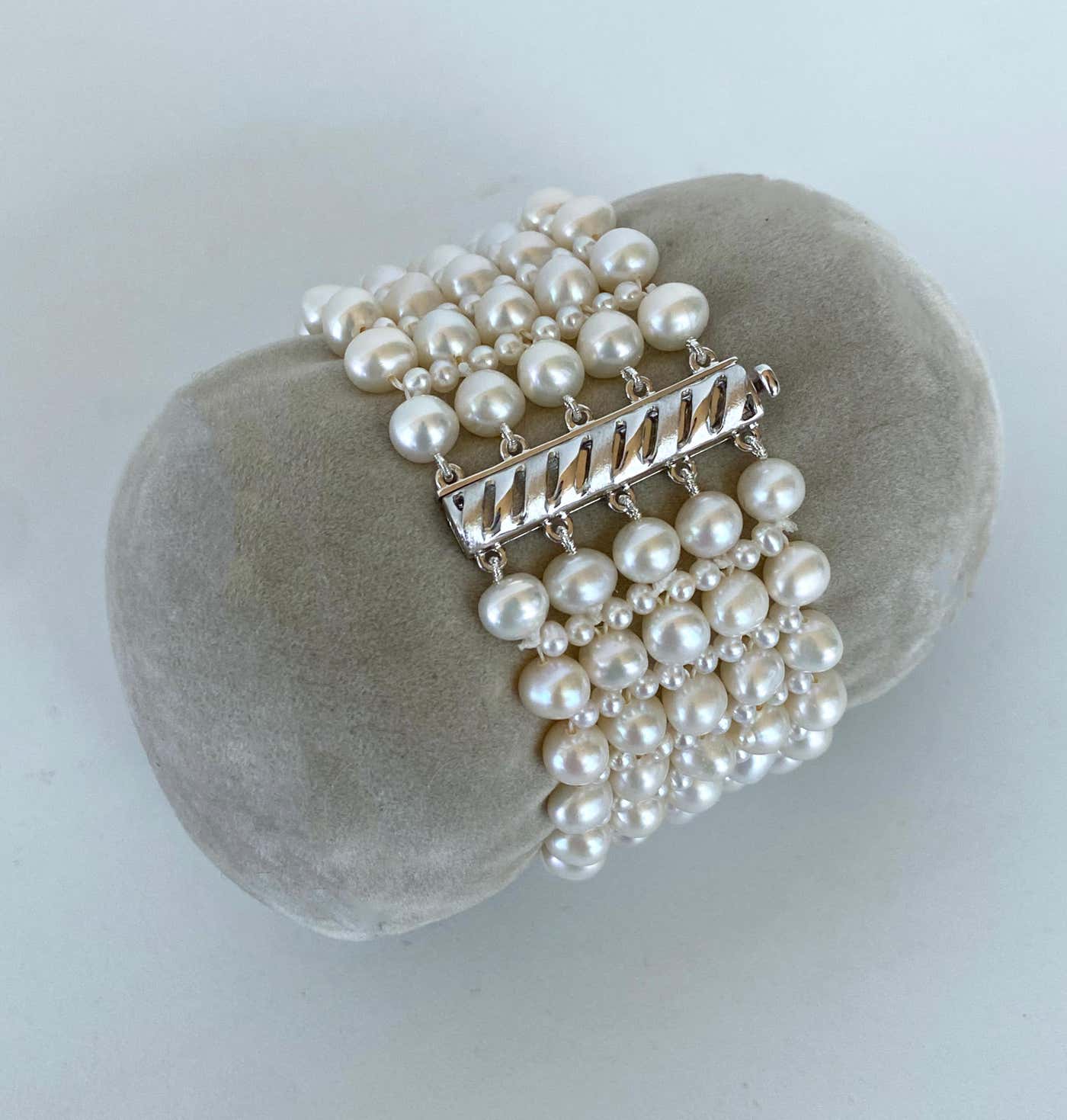 Woven Pearl Wedding Bracelet with Rhodium Plated Silver Clasp