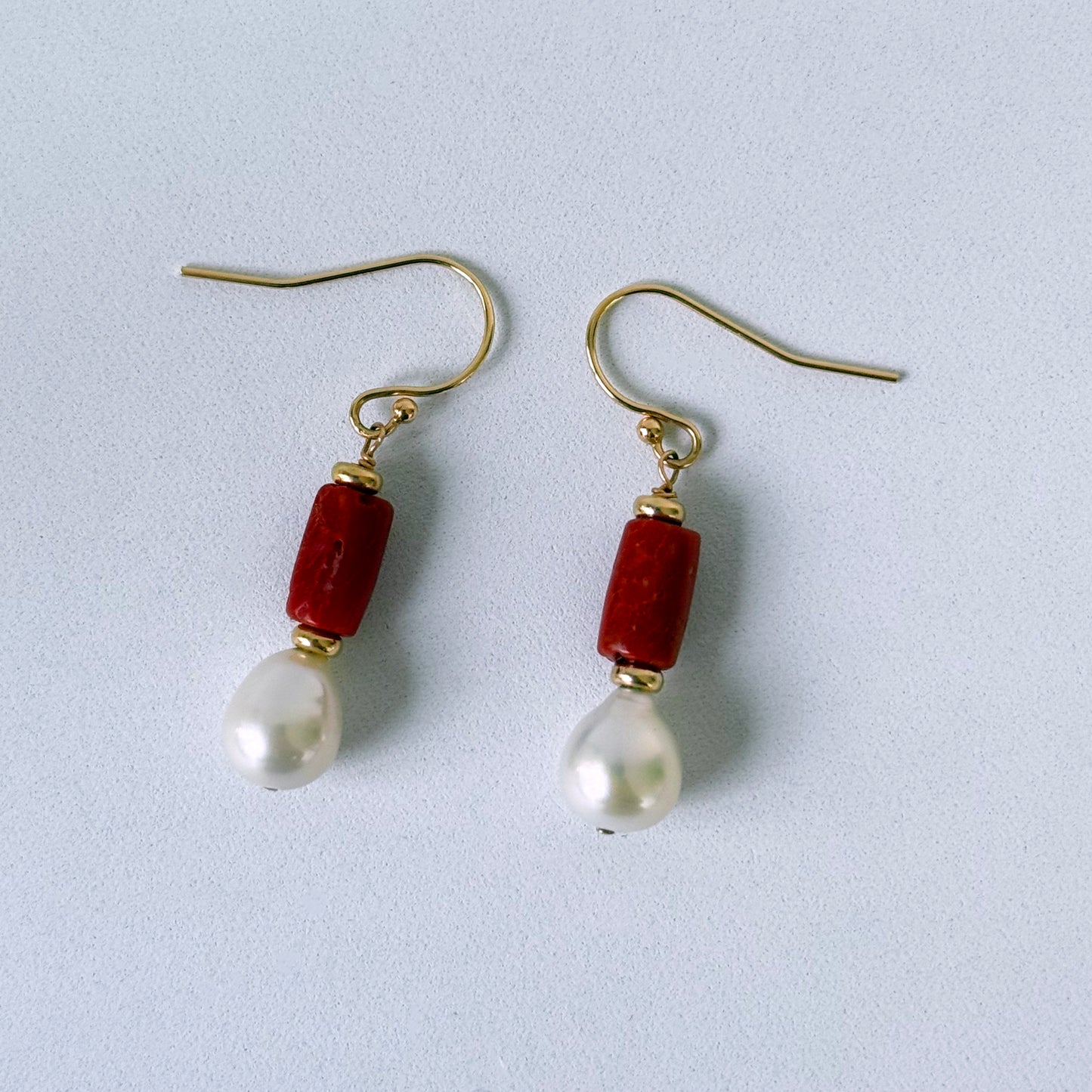 Coral, Pearl & Solid 14k Yellow Gold Earrings