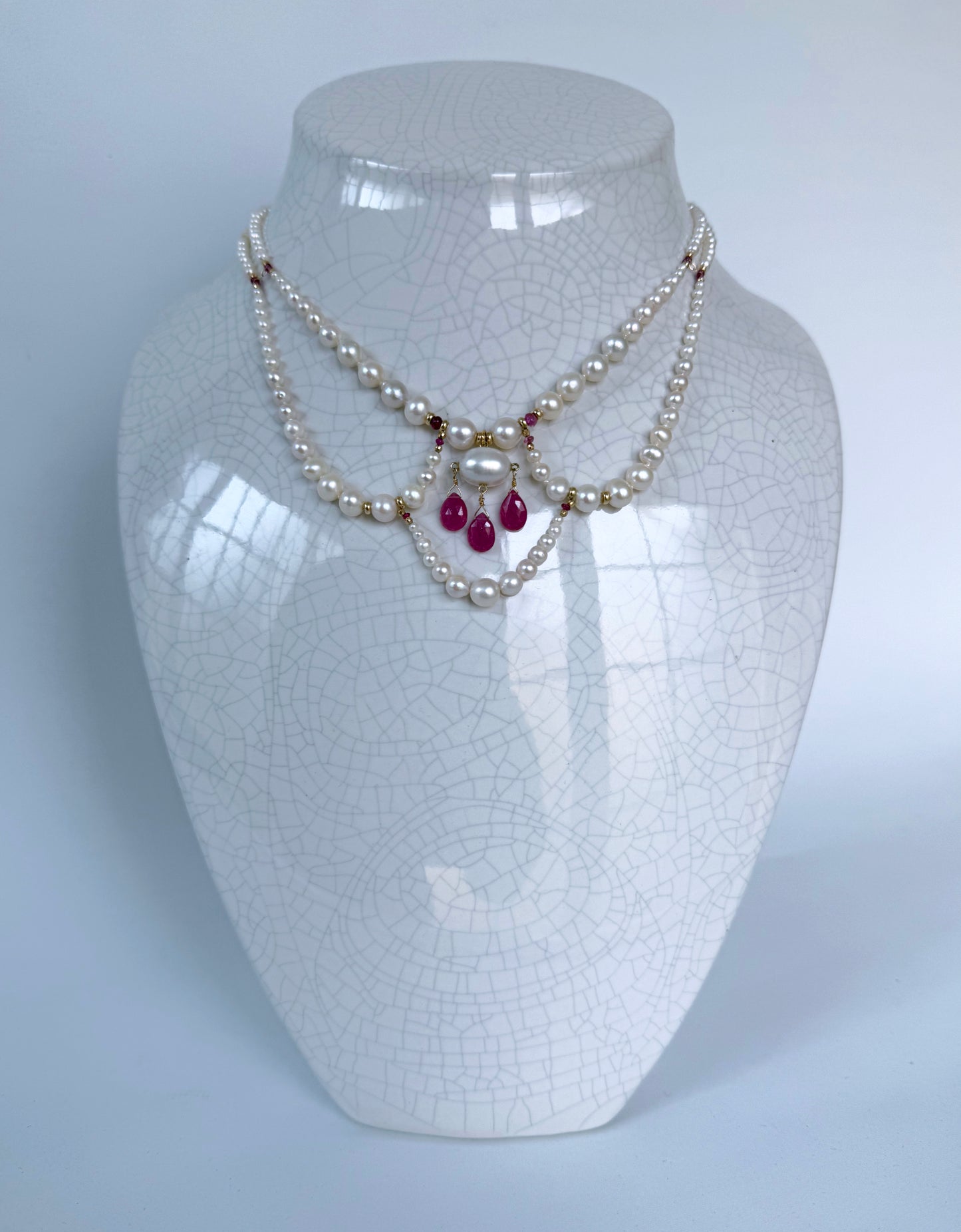 Draped Pearl Princess Necklace with Pink Sapphire & Solid 14k Yellow Gold