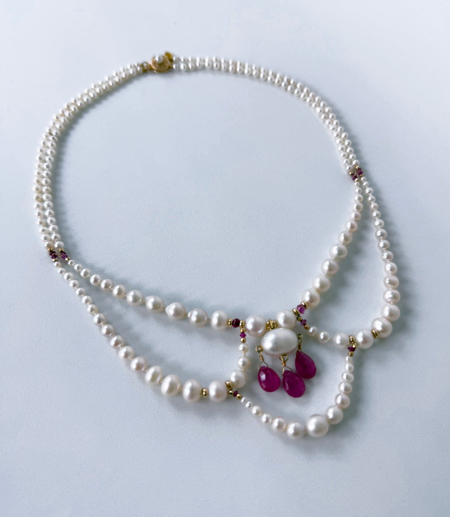 Draped Pearl Princess Necklace with Pink Sapphire & Solid 14k Yellow Gold