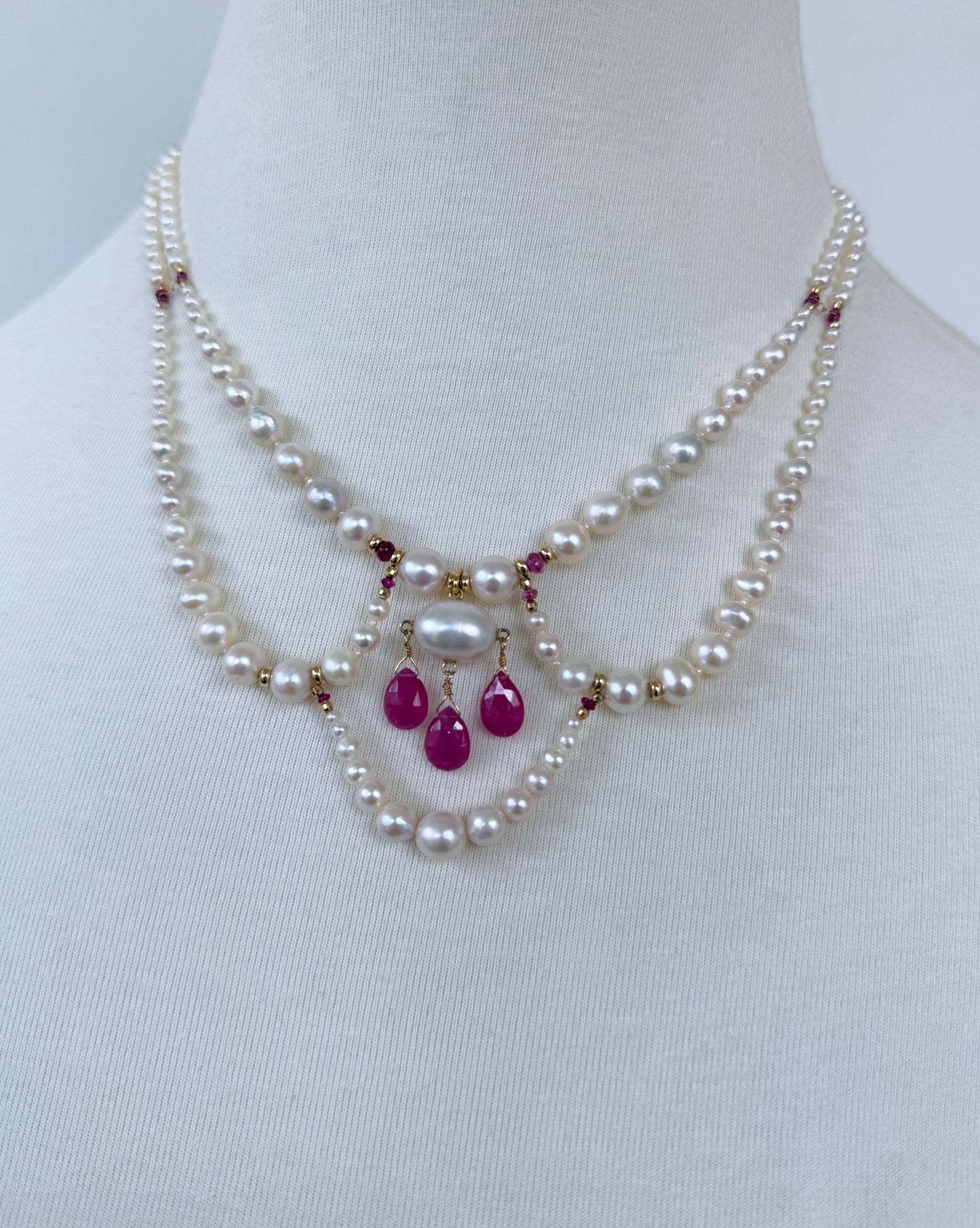 Draped Pearl Princess Necklace with Pink Sapphire & Solid 14k Yellow Gold