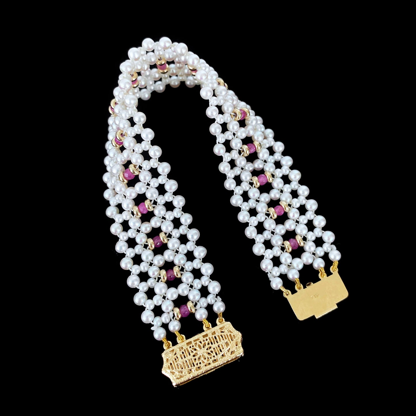 Woven Pearl Bracelet with Ruby & Solid 14k