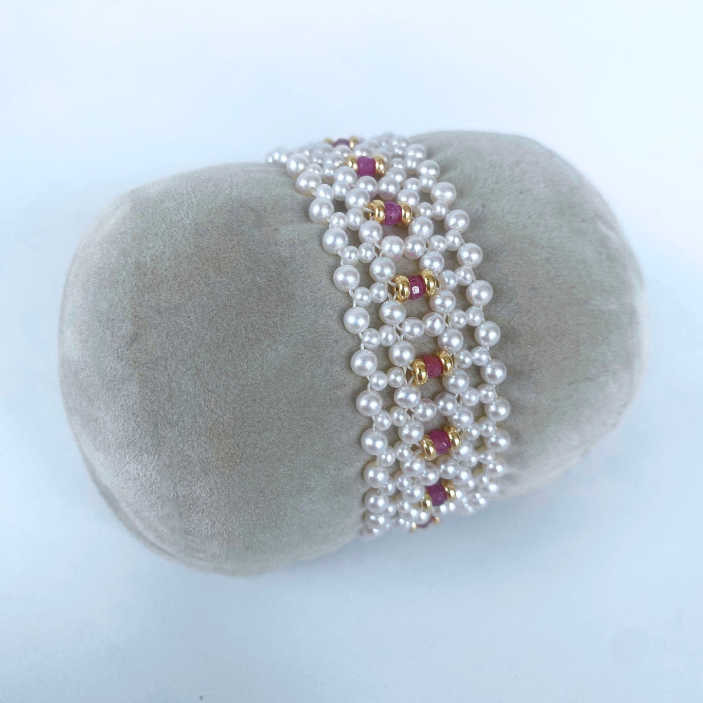 Woven Pearl Bracelet with Ruby & Solid 14k