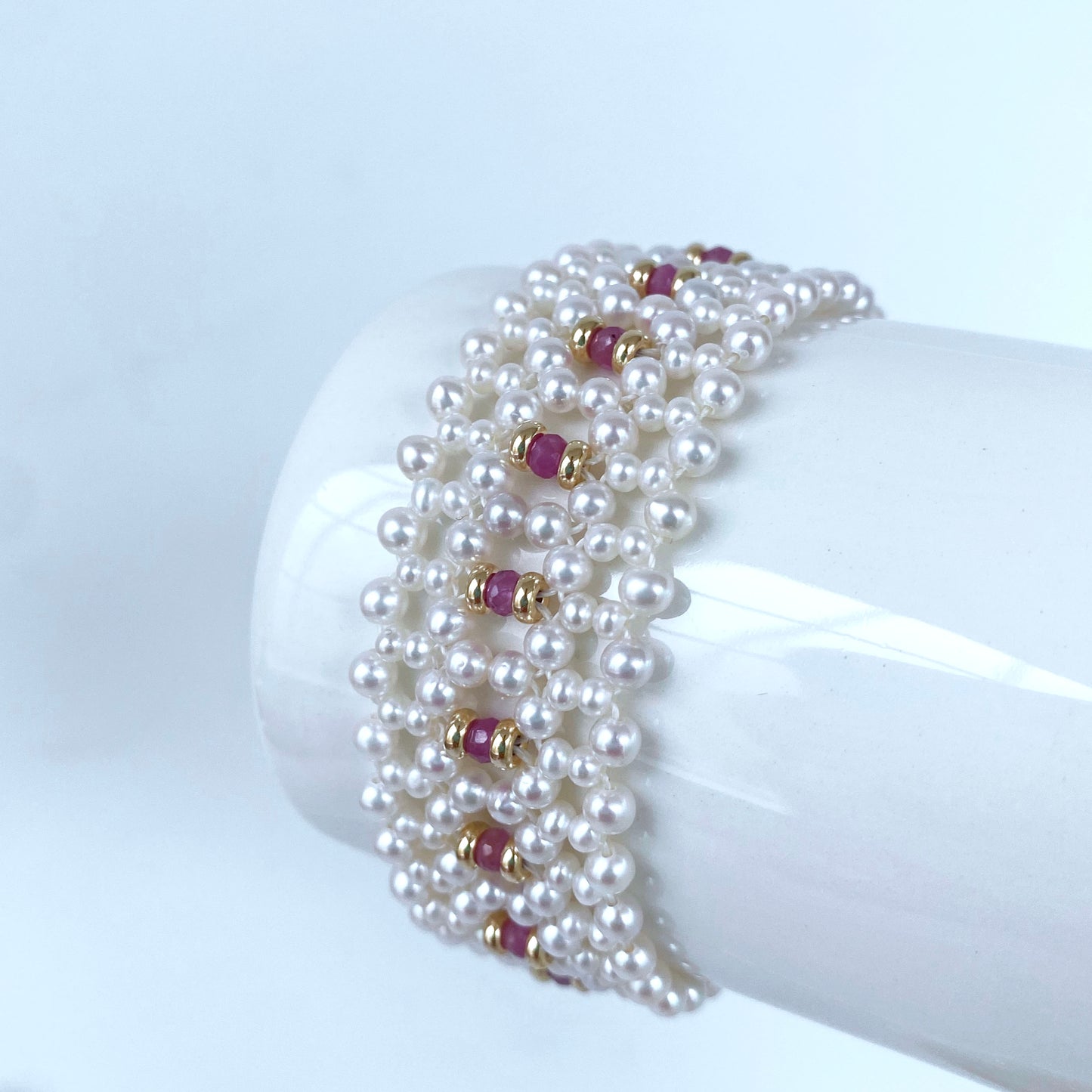 Woven Pearl Bracelet with Ruby & Solid 14k