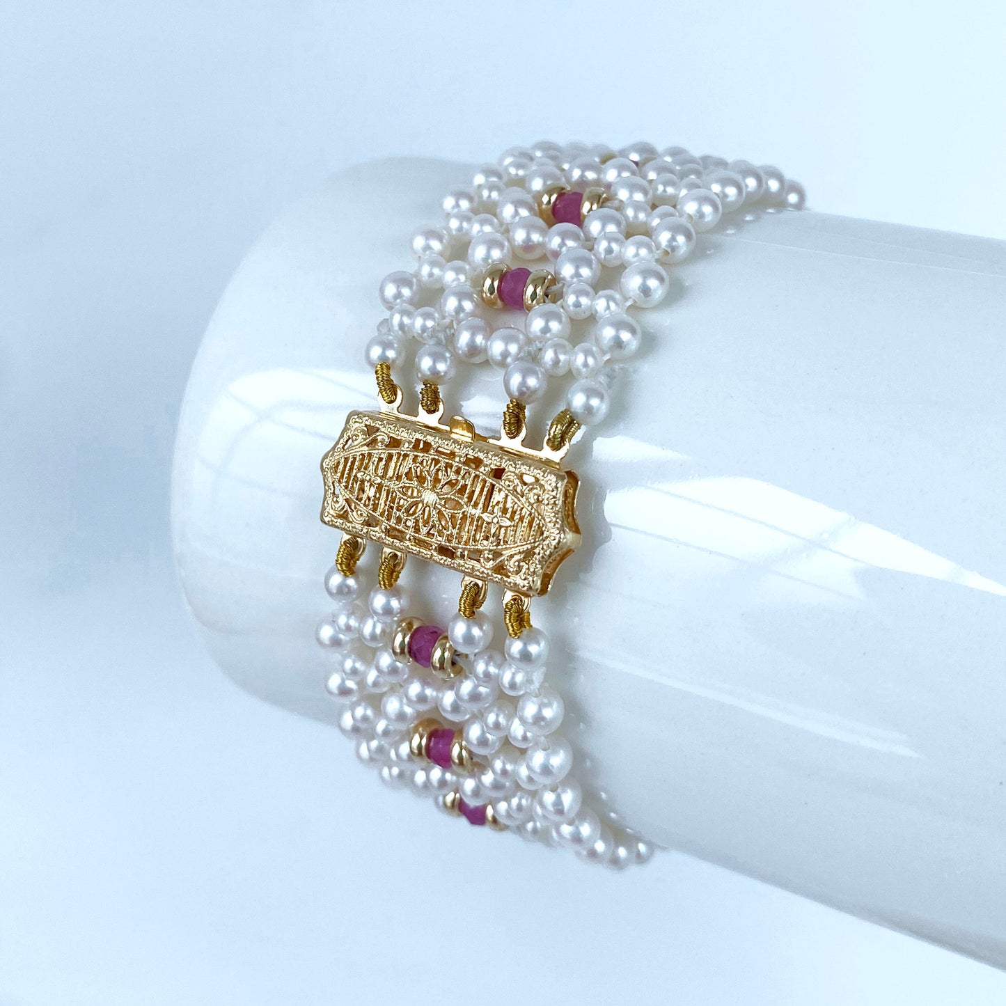 Woven Pearl Bracelet with Ruby & Solid 14k