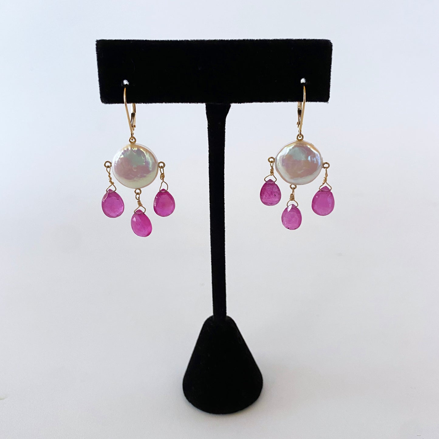 Pink Sapphire, Coin Pearl & Solid 14k Yellow Gold Chandelier Earrings