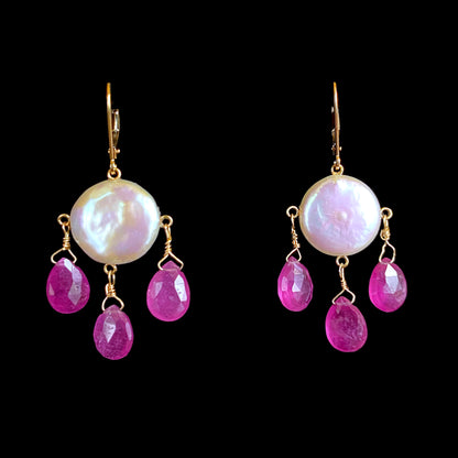Pink Sapphire, Coin Pearl & Solid 14k Yellow Gold Chandelier Earrings