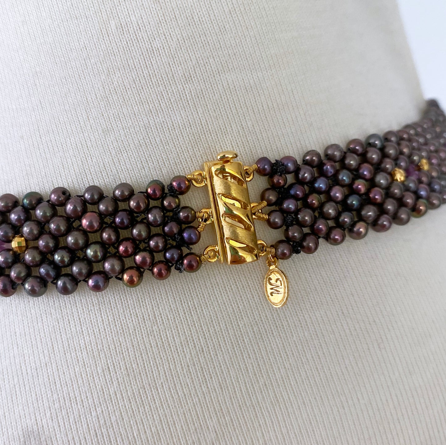 Woven Black Pearl Necklace with Pink Topaz & Golden Floral Centerpiece