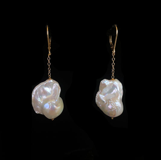 Baroque Pearl Dangle Earring with solid 14k Yellow Gold Lever Back Hook