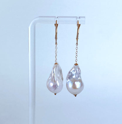 Baroque Pearl Dangle Earring with solid 14k Yellow Gold Lever Back Hook