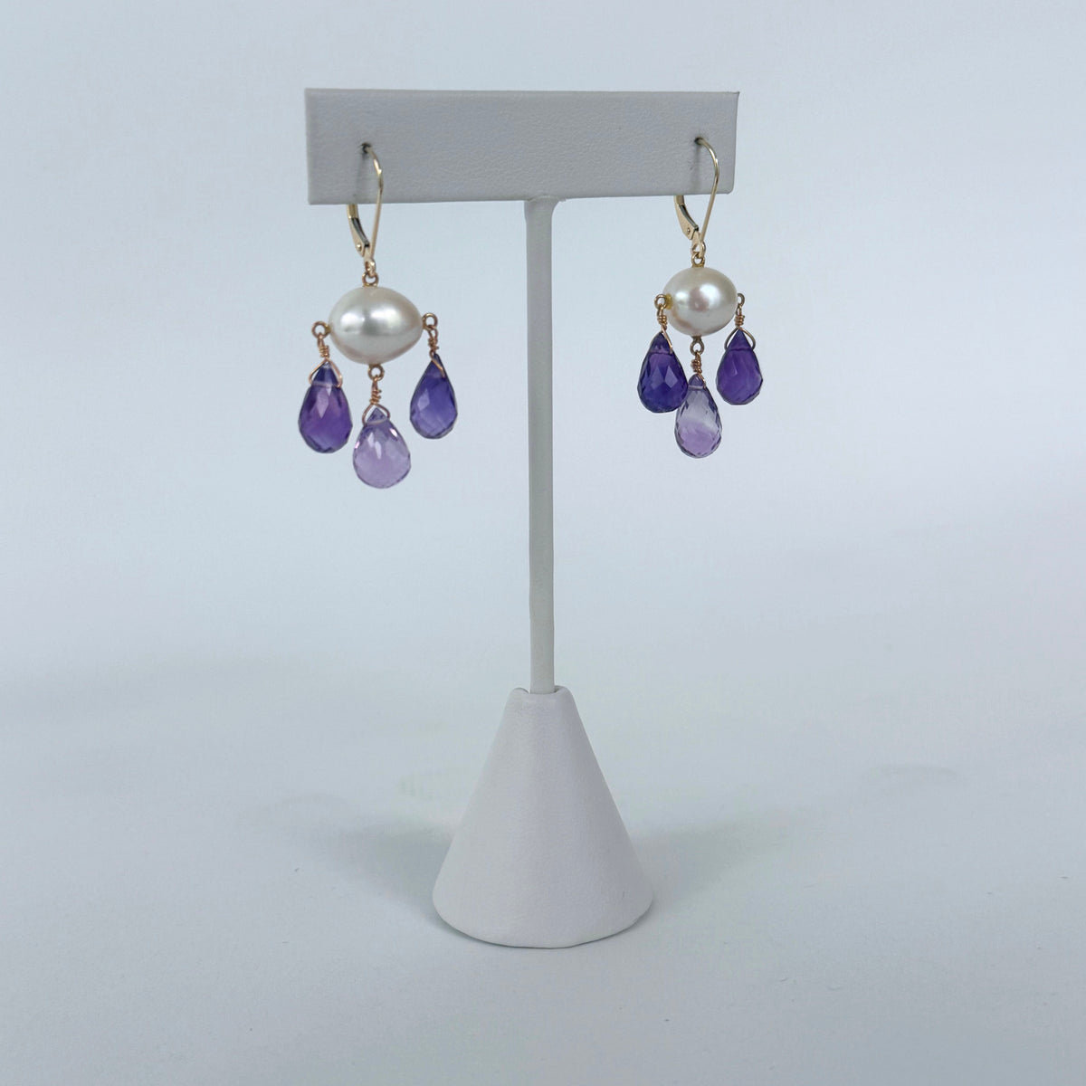 Pearl, Amethyst & 14k Gold Lever Back Chandelier Earrings
