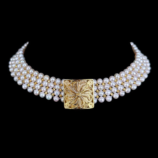 One Of A Kind Pearl & Faceted Gold Bead Choker with Vintage Filigree Centerpiece