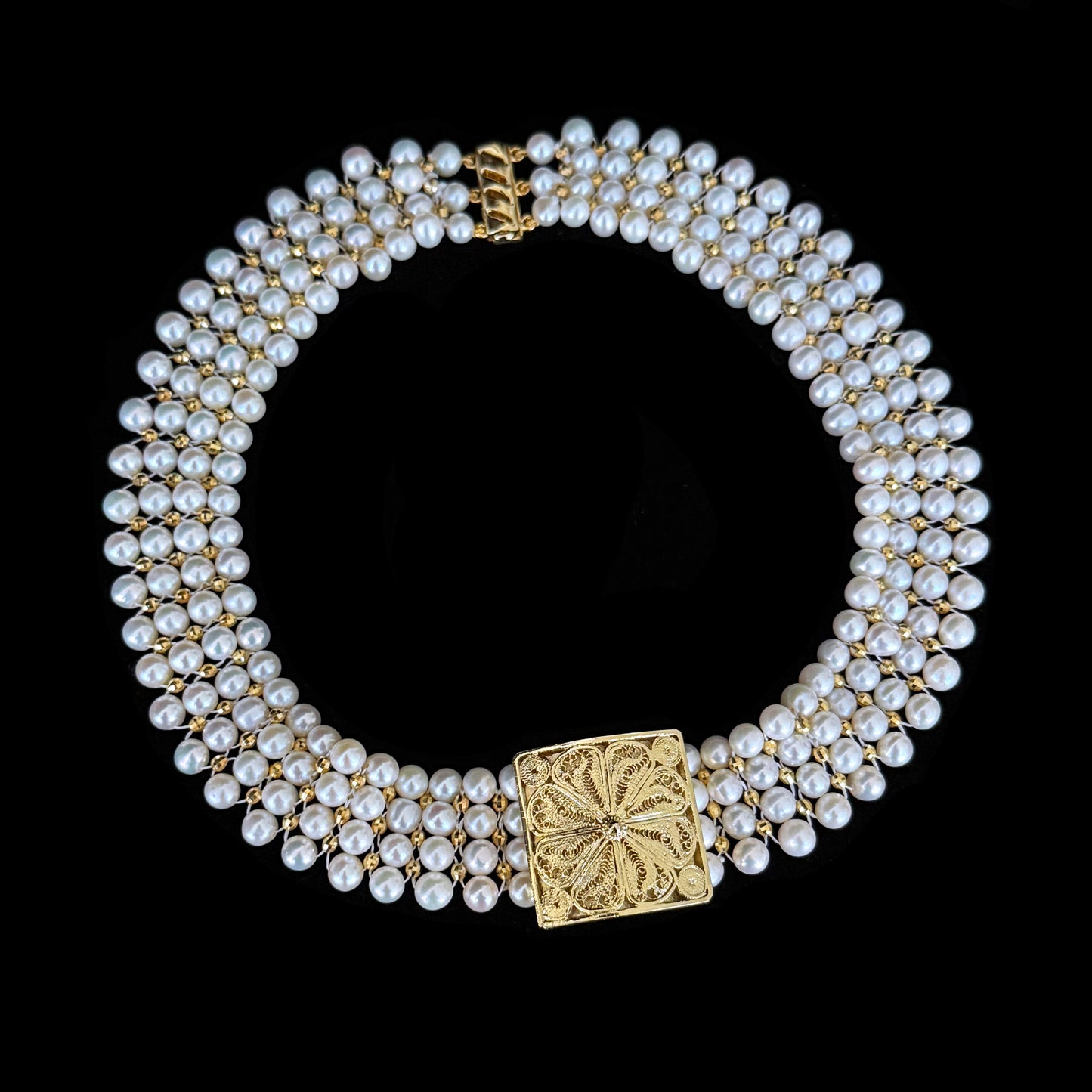 One Of A Kind Pearl & Faceted Gold Bead Choker with Vintage Filigree Centerpiece
