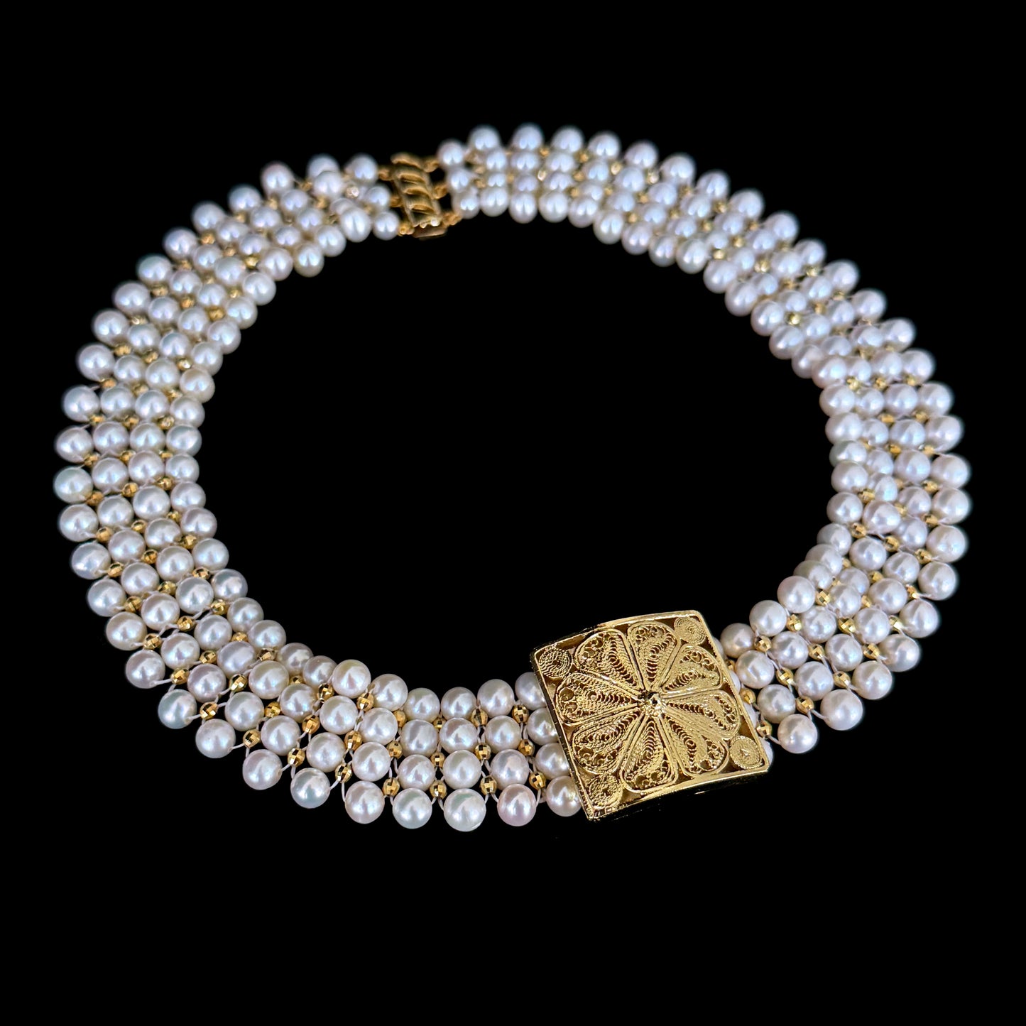 One Of A Kind Pearl & Faceted Gold Bead Choker with Vintage Filigree Centerpiece