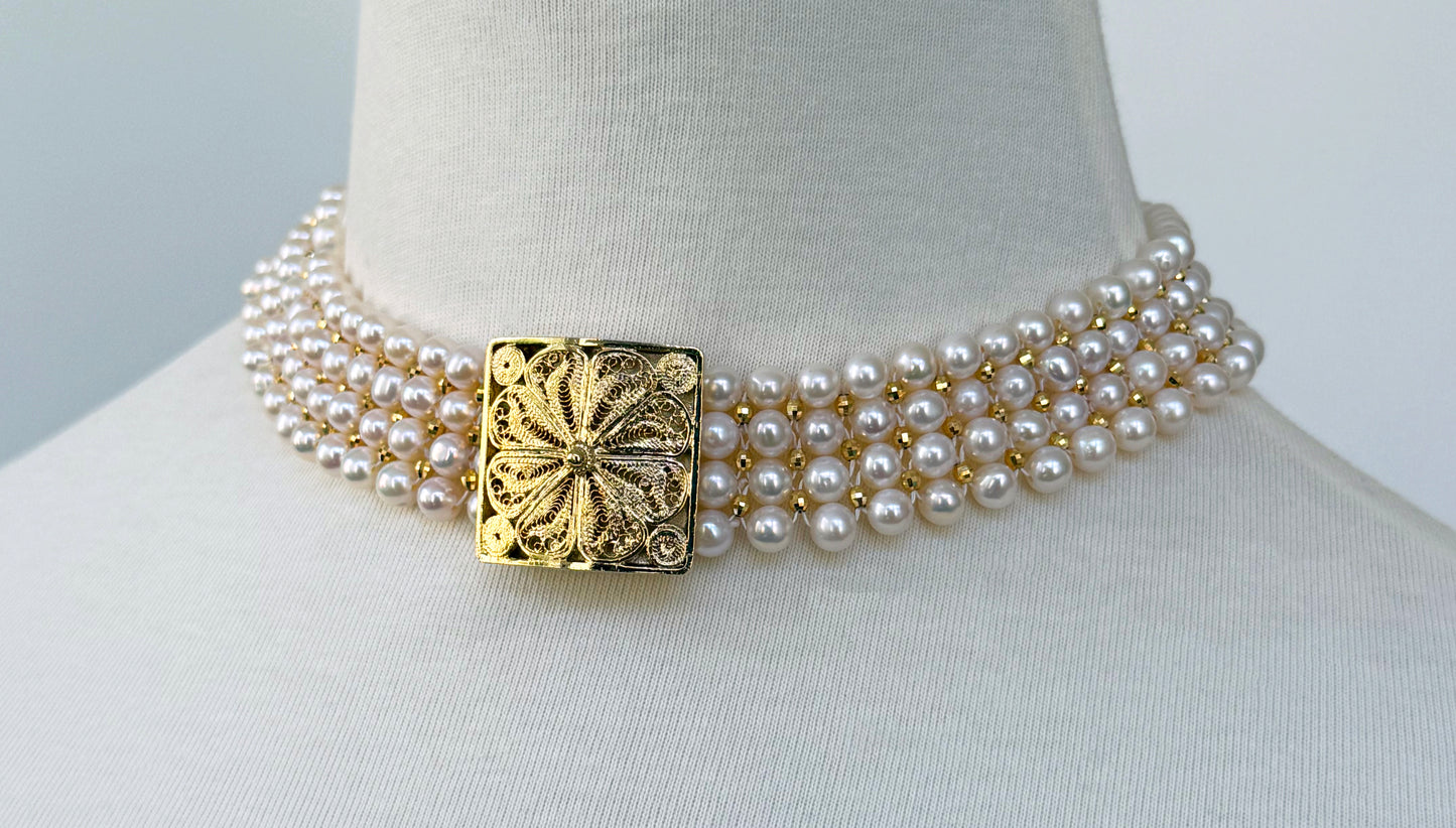 One Of A Kind Pearl & Faceted Gold Bead Choker with Vintage Filigree Centerpiece